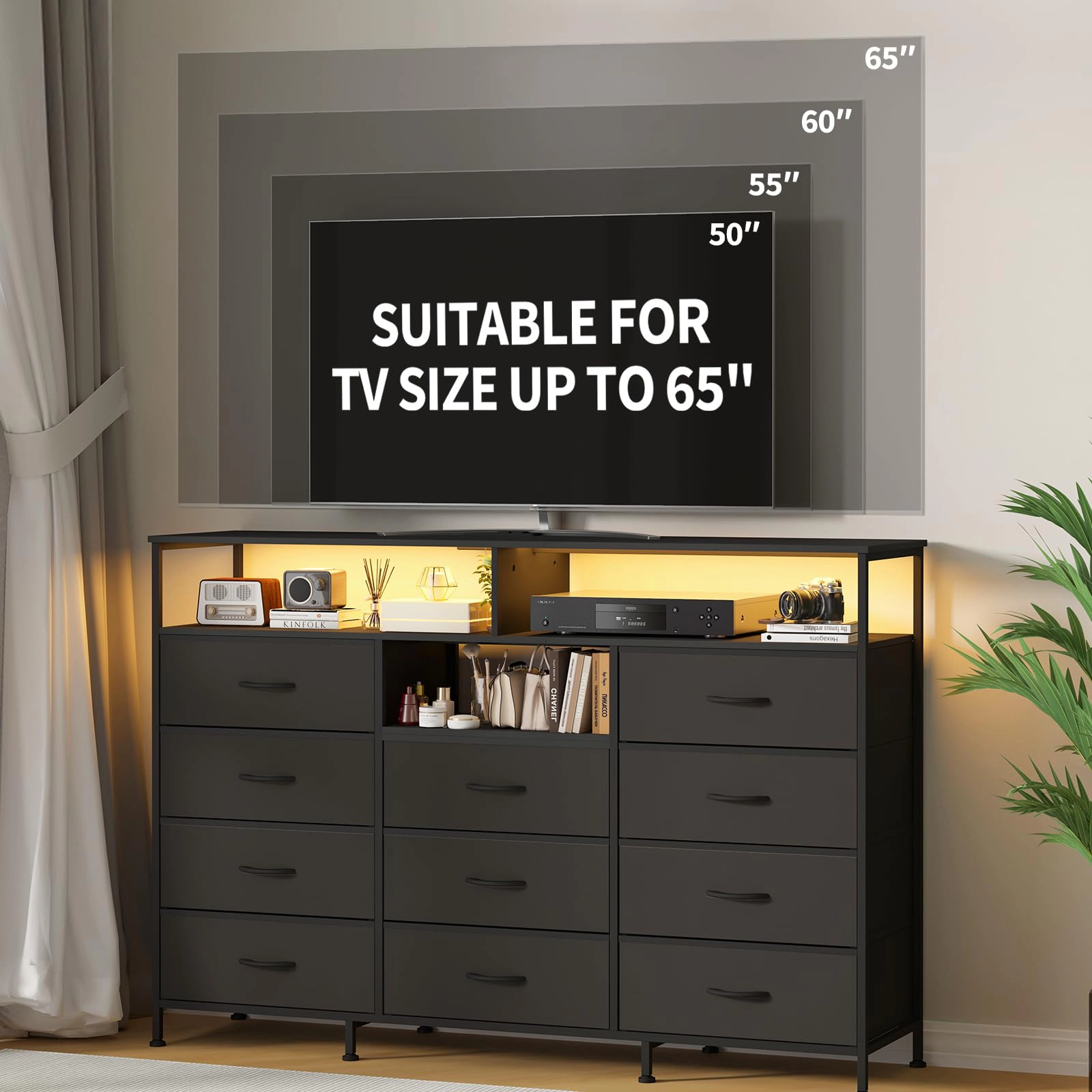 55.1" 11 Drawer Fabric Dresser with LED Lights, Power Outlet & Open Shelves