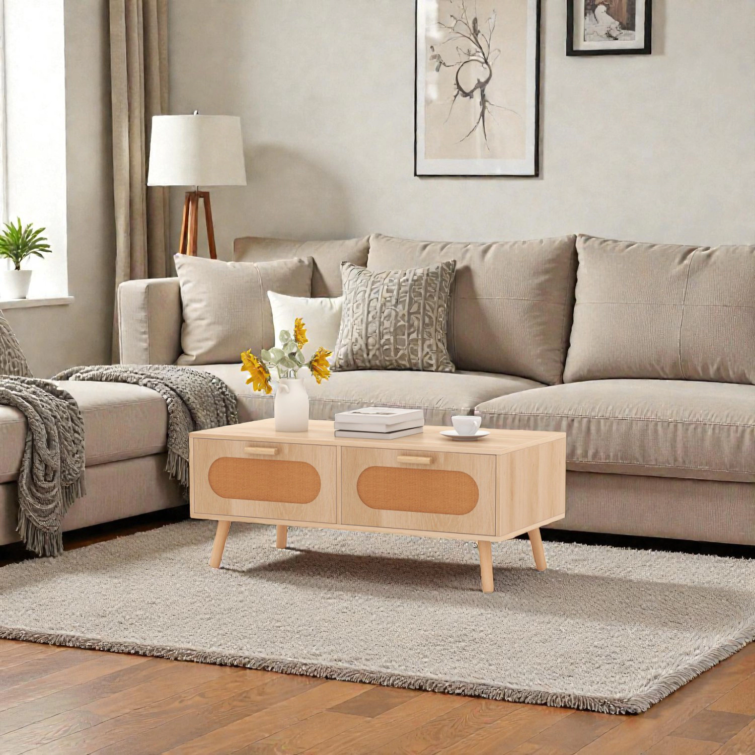Hivvago Elegant Mid-Century Modern Center Table with Built-In Drawers
