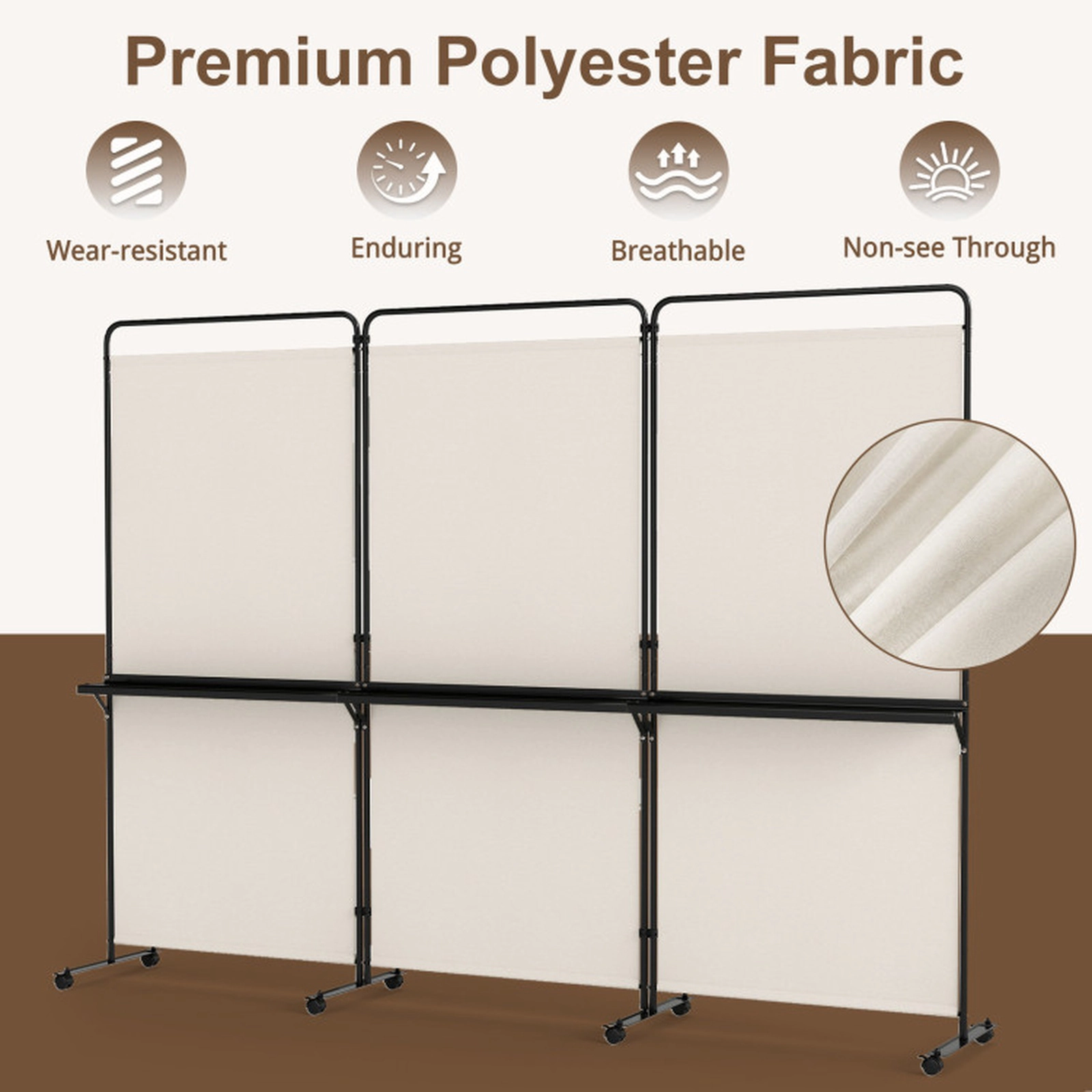 SUGIFT 3-Panel Room Divider with Shelves 74-in Tall Folding Privacy Screen with Lockable Wheels White