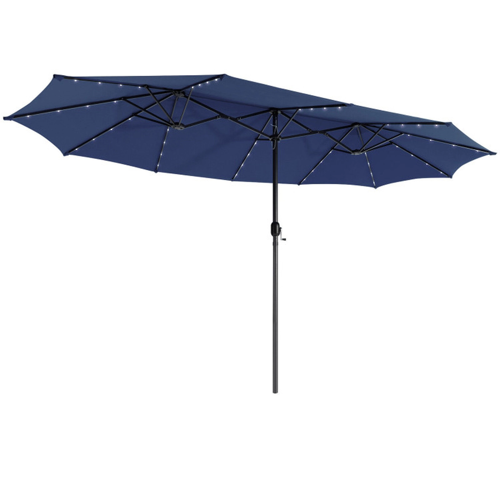 SUGIFT 15.4-ft Double-Side Twin Patio Umbrella 48 Solar LED Lights 26-lb Net Weight Steel Polyester Fabric Canopy Navy