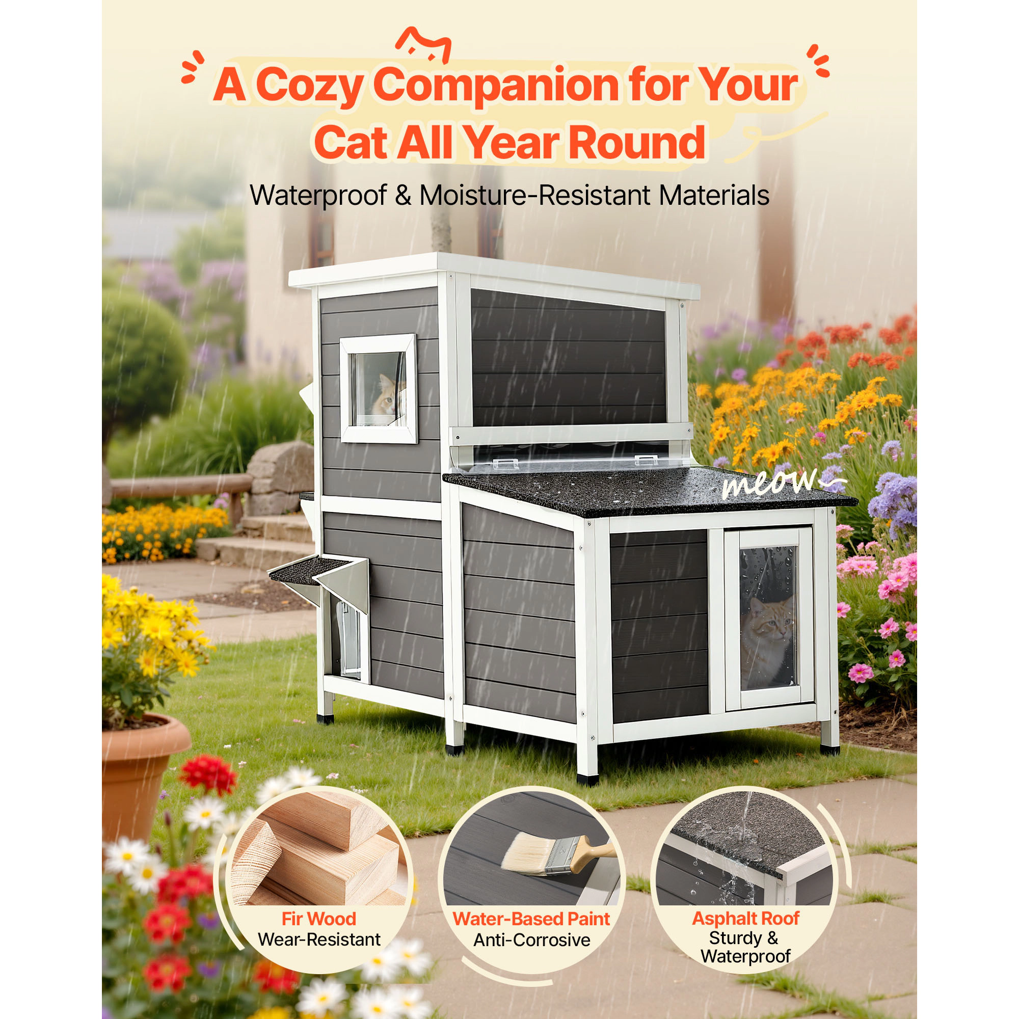 HONGGE Outdoor Wooden Cat House Shelter for Feral Cats in Winter with Waterproof Roof