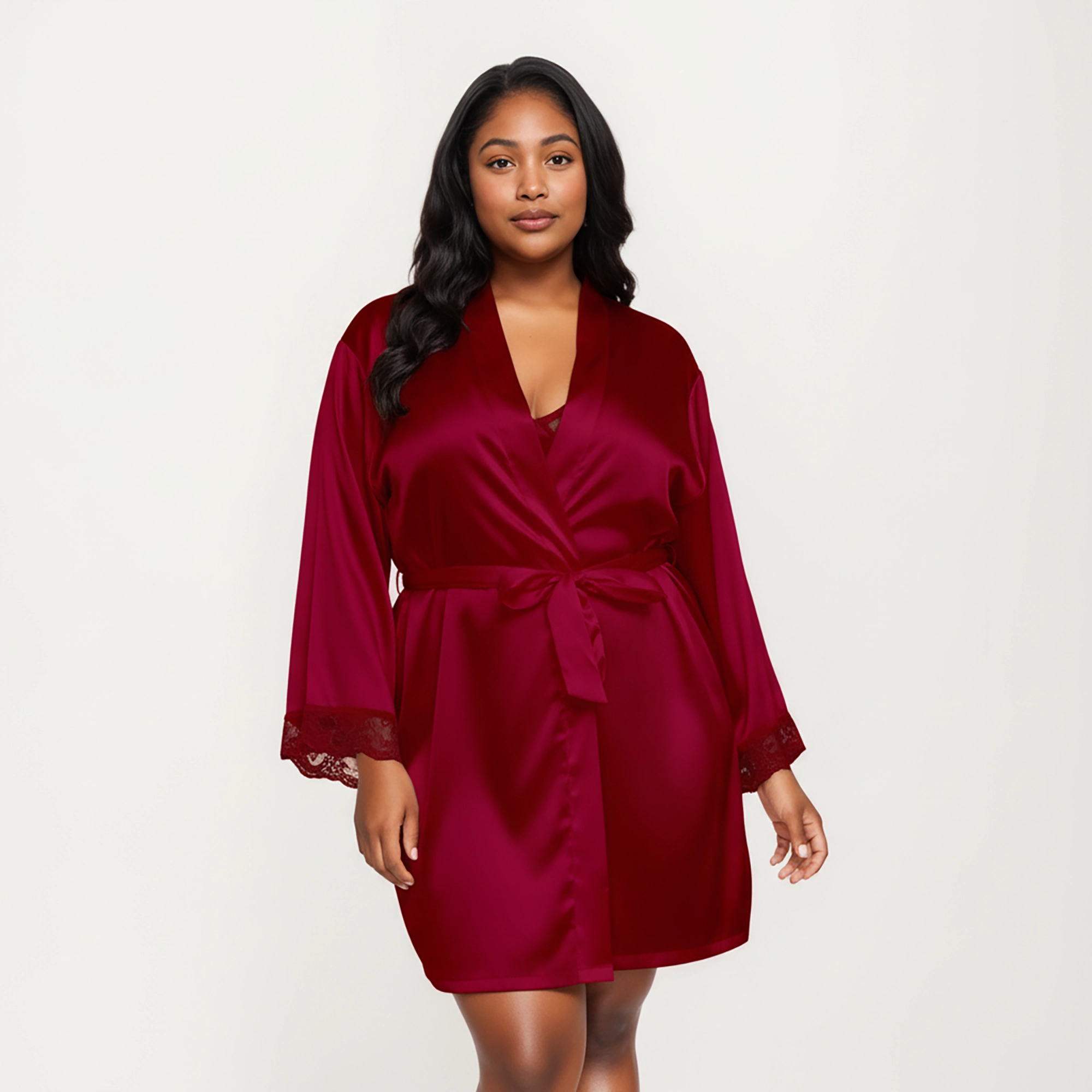 Anna-Kaci Women's Plus Size Satin Robe and Slip Set with Soft Lace Trim on Sleeves and Delicate Sheen