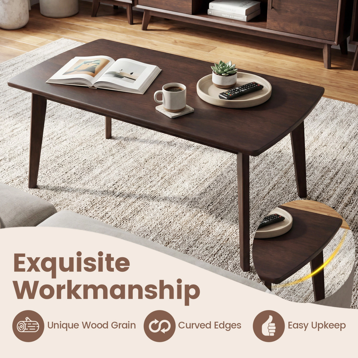 Glintex Solid Rubber Wood 34.5-Inch Coffee Table with Tapered Legs, Walnut