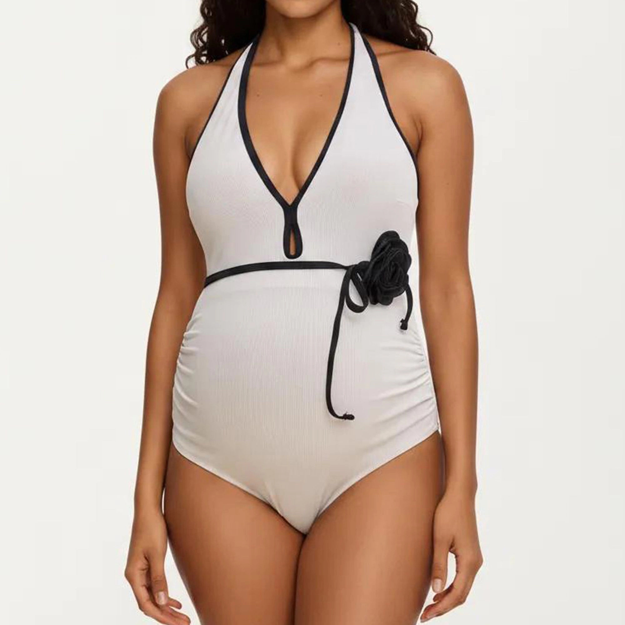 Anna-Kaci Women Maternity Ribbed One-Piece Swimsuit - Halter Neckline, Floral Tie Waist