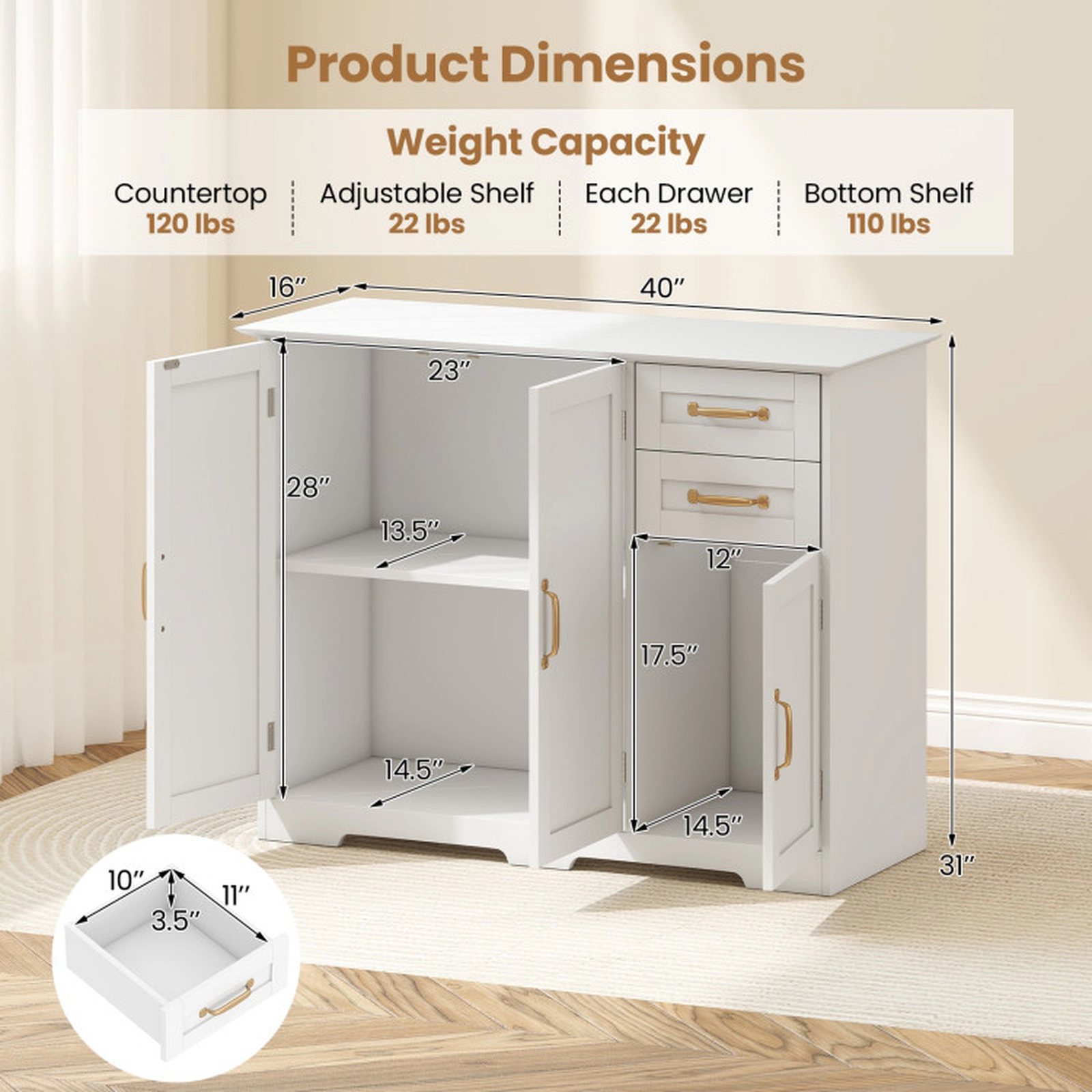 SUGIFT 2-Drawer Gold Handles Shaker Doors Kitchen Sideboard Cabinet 40-in x 16-in x 31-in 120-lb Capacity White