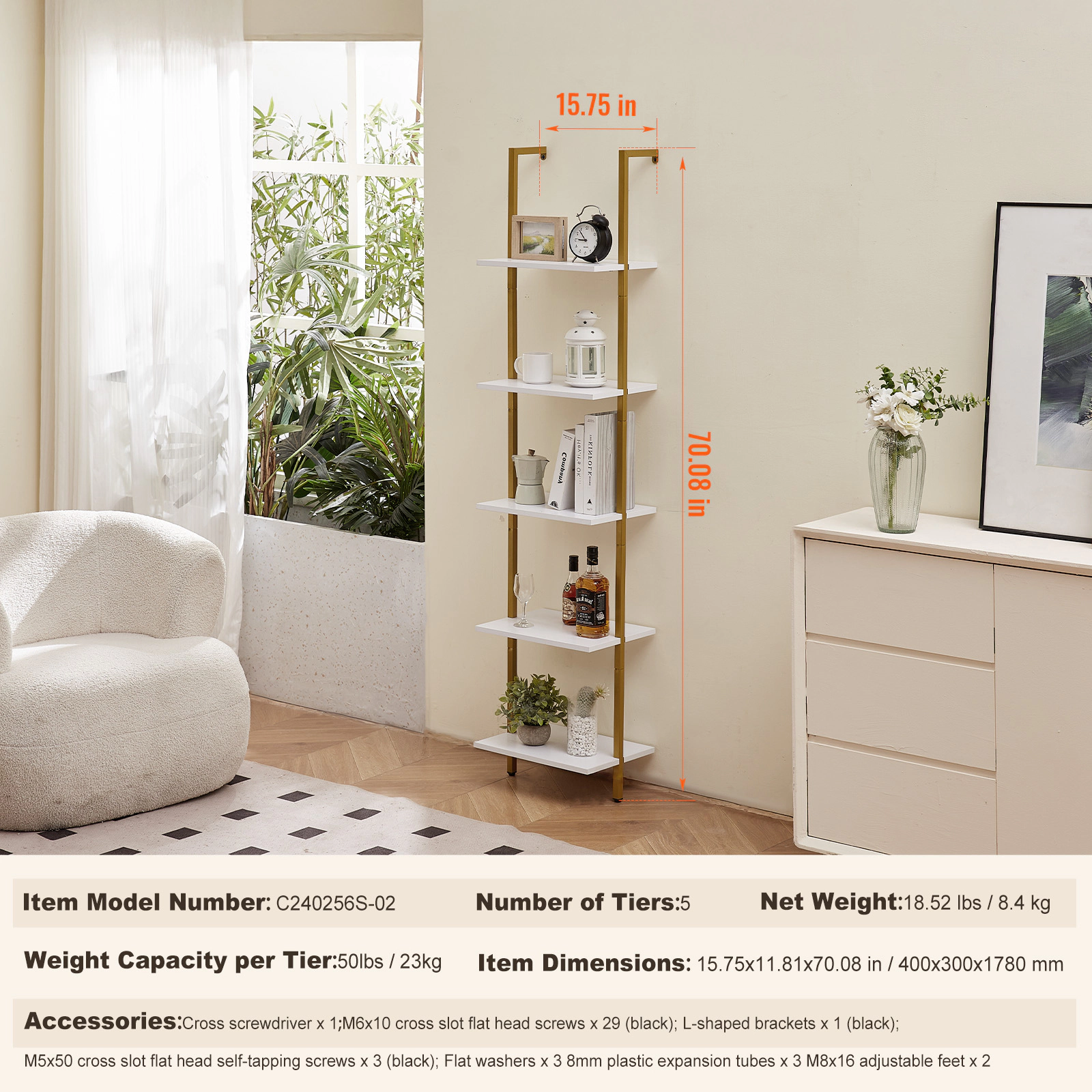 HONGGE 5-Tier Wall-Mounted Ladder Shelf, Gold Metal Frame & Wood Boards, 15.6 x 11.8 In, 50 lb Per Shelf