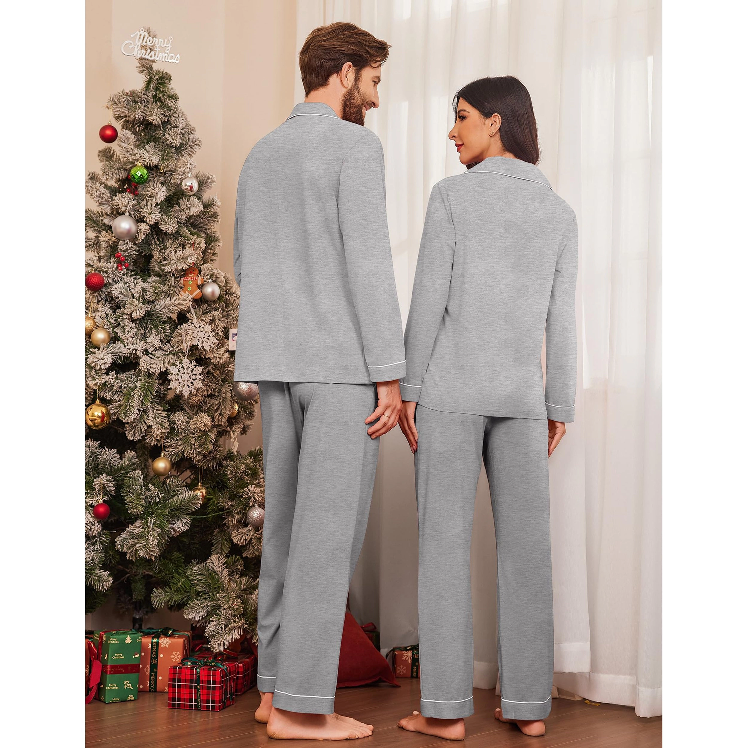 Ekouaer Mens Pajamas Cotton Long Sleeve Couples Sleepwear Fall Two Piece Lounge Wear Sets