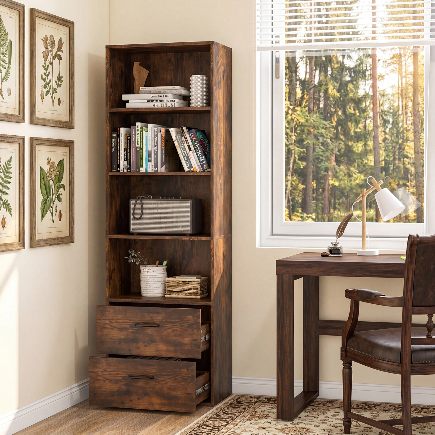 LJG 6-Tier Tall Freestanding Bookshelf with 4 Open Shelves and 2 Drawers