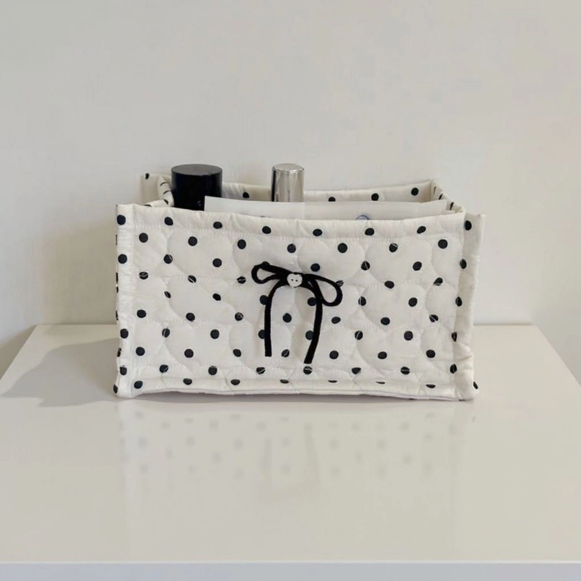 Alilang Unisex Quilted Polka Dot Storage Basket with Bow Accent and Soft Fabric