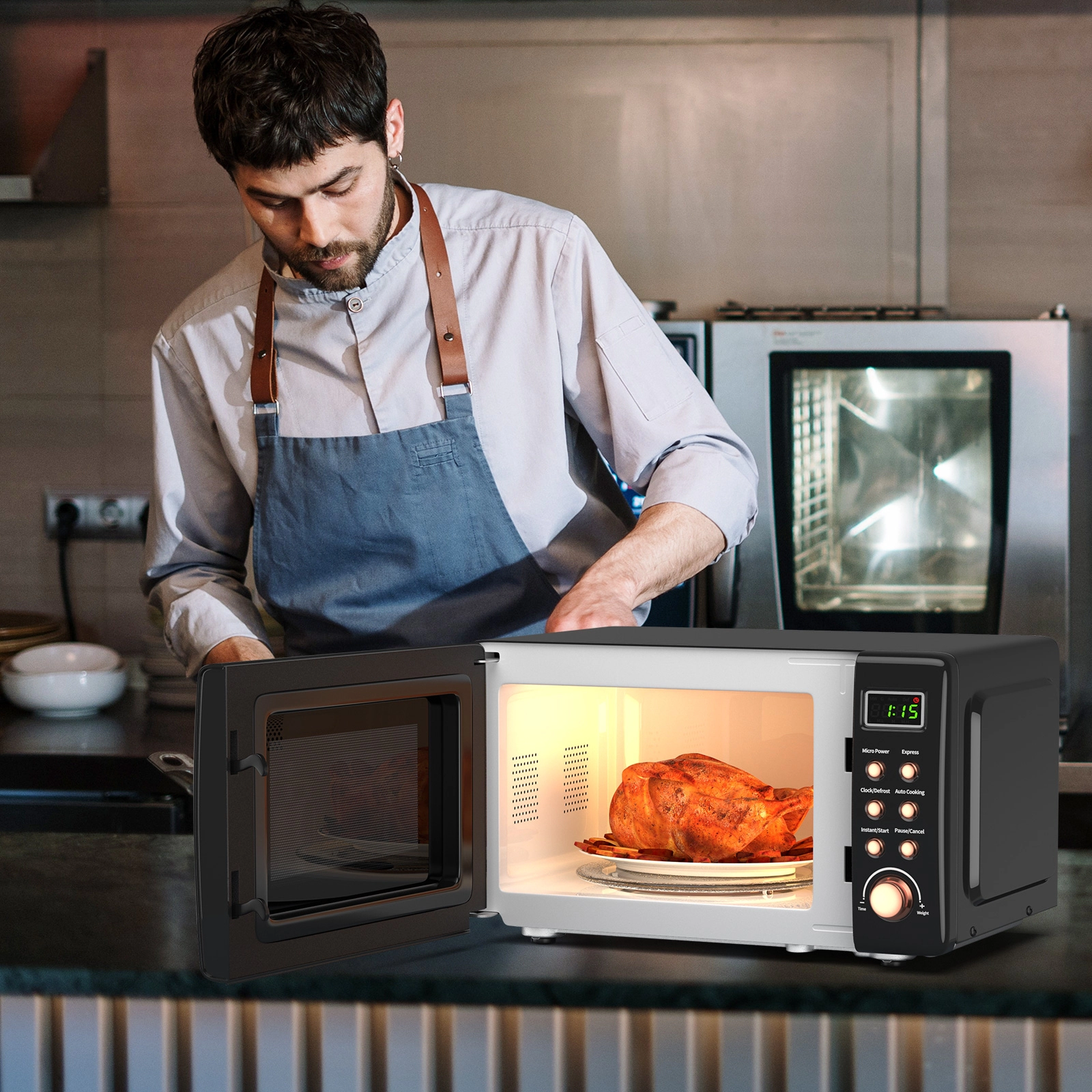 SUGIFT Black Retro Countertop Microwave Oven with Gold Trim and 5 Power Levels 0.7-Cu-Ft 700W 18-in W 14-in D