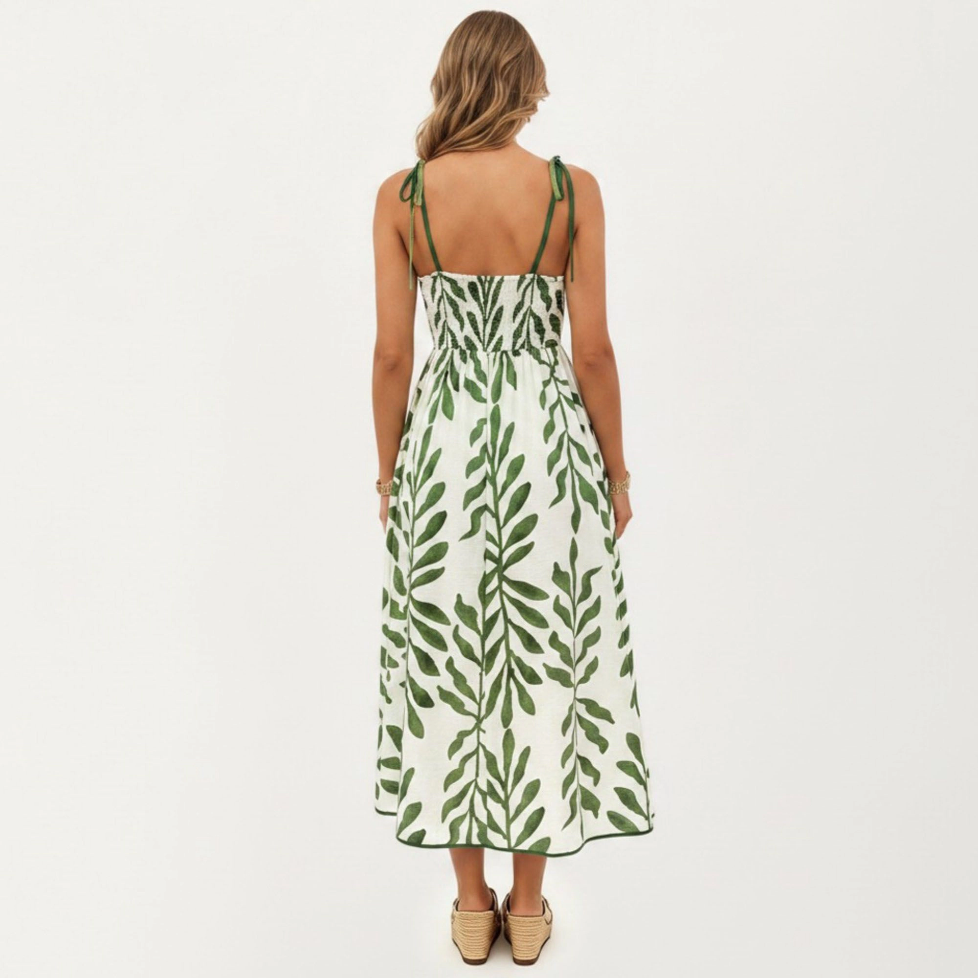 Anna-Kaci Women's Sleeveless Leaf Print Tie Shoulder Straps Smocked Back A-Line Midi Dress