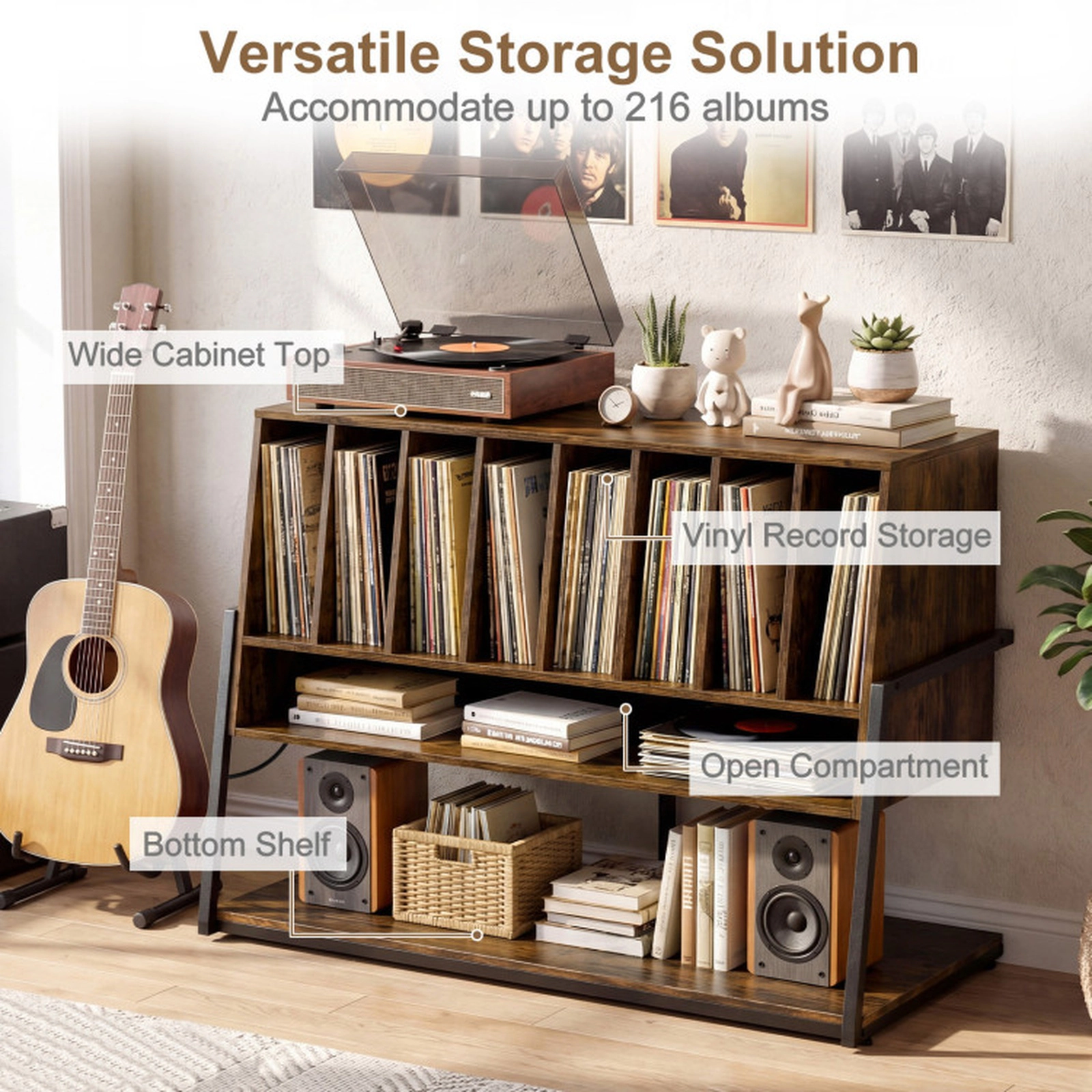 SUGIFT Turntable Stand with Charging Station and Vinyl Storage Shelves Accent Table 44-lb Top 88-lb Compartments Rustic