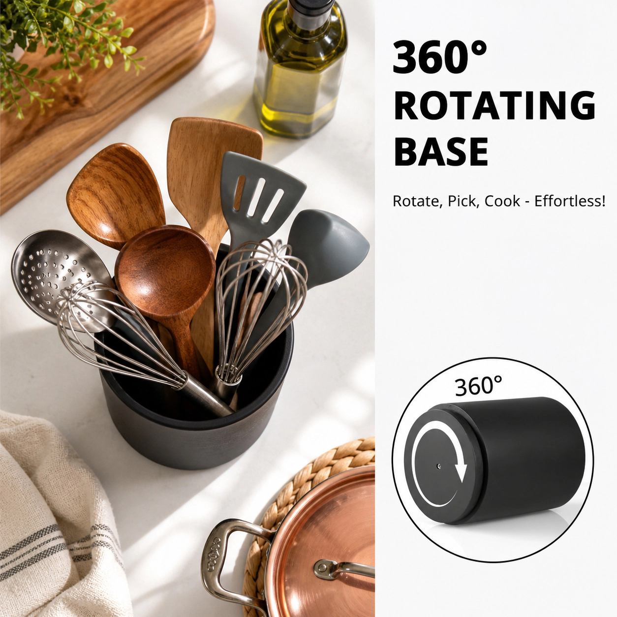 WZK 360° Rotating Solid Pine Wood Kitchen Utensil Holder