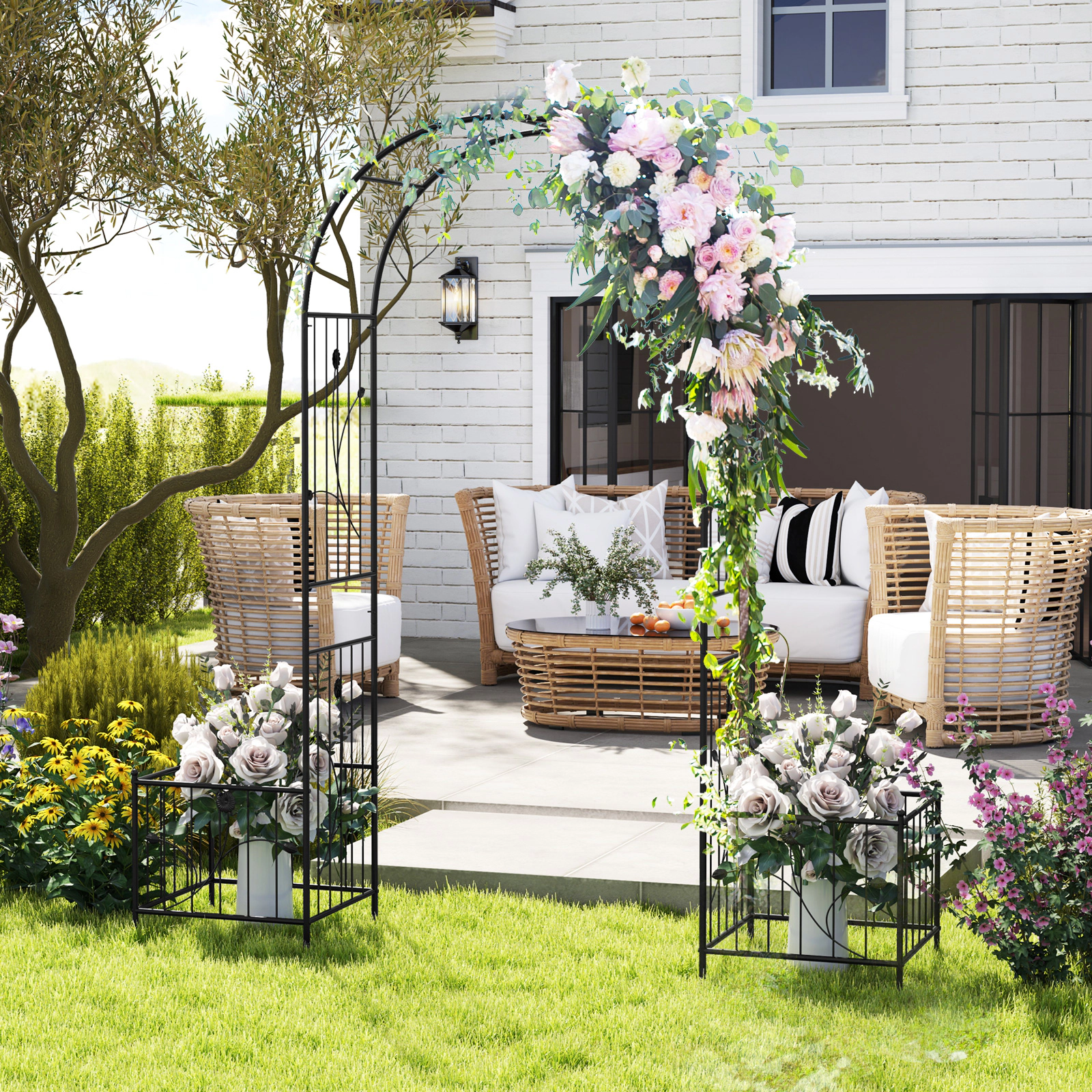 SUGIFT 2-in-1 Metal Garden Arbor with Side Planters and 8 Ground Stakes 86-in Tall Black