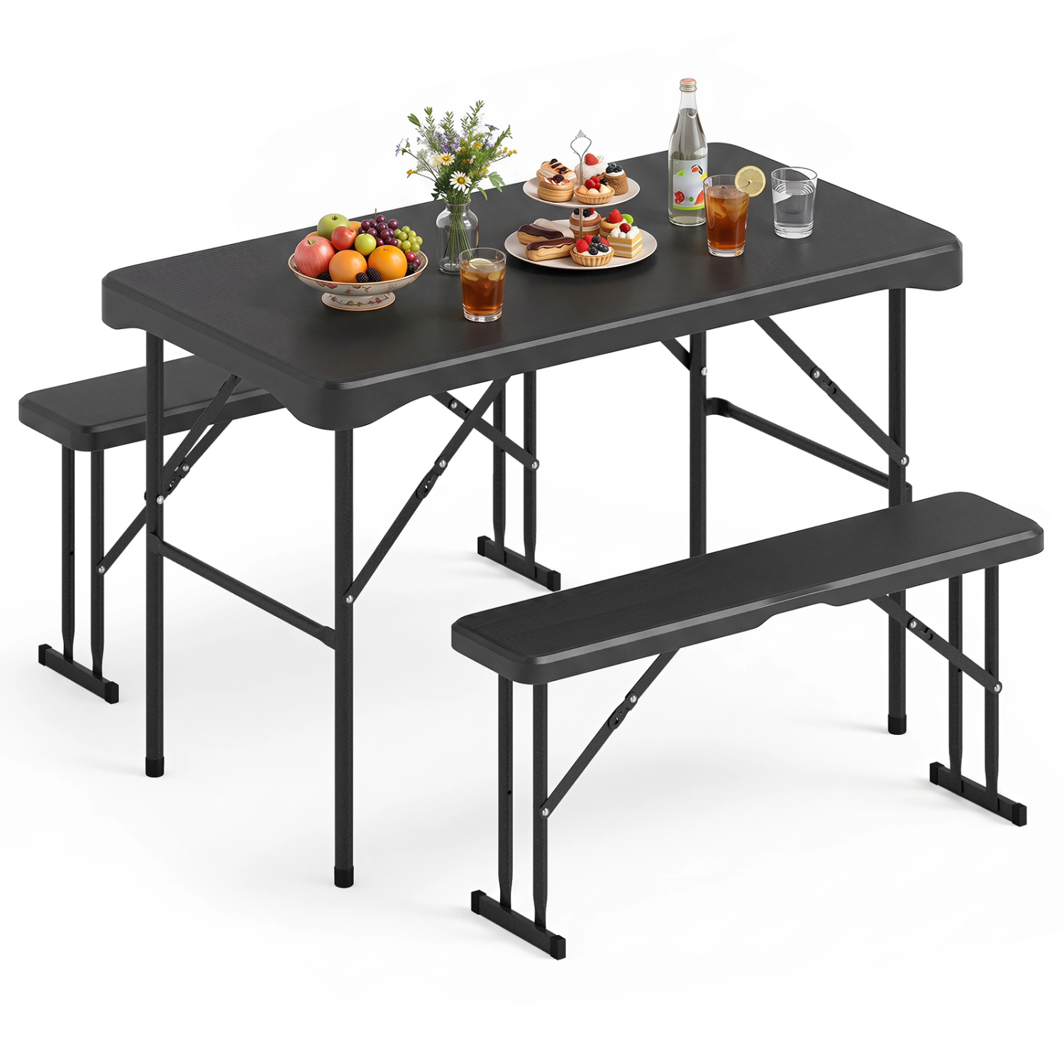 LJG Outdoor Folding Table Bench Set w All-Weather HDPE Tabletop and Sturdy Metal Frame