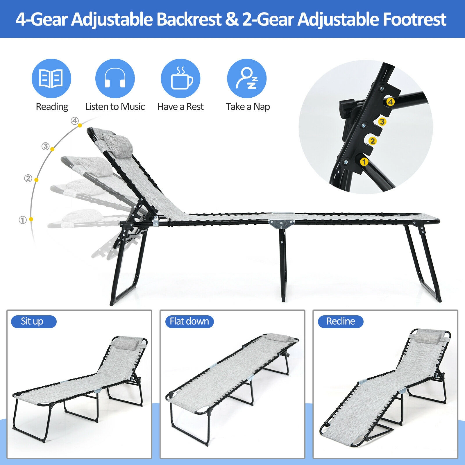 SUGIFT Gray 4-Position Backrest 2-Position Footrest Removable Headrest Foldable Reclining Lounge Chair