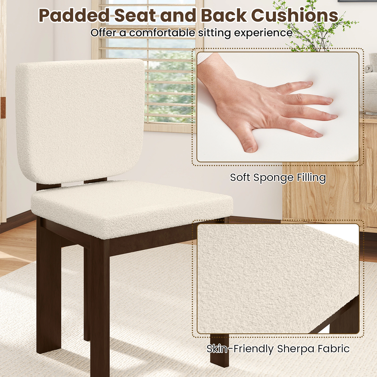 SUGIFT Sherpa Upholstered Wooden Dining Chair Set of 2 Rubber Wood Legs 265-lb Capacity Brown+White 19.5 x 20 x 35 in