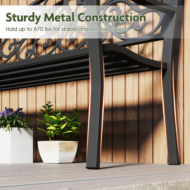 Hivvago 50 Inches Outdoor Cast Iron Metal Patio Bench With Floral Design Backrest And Slatted Seat