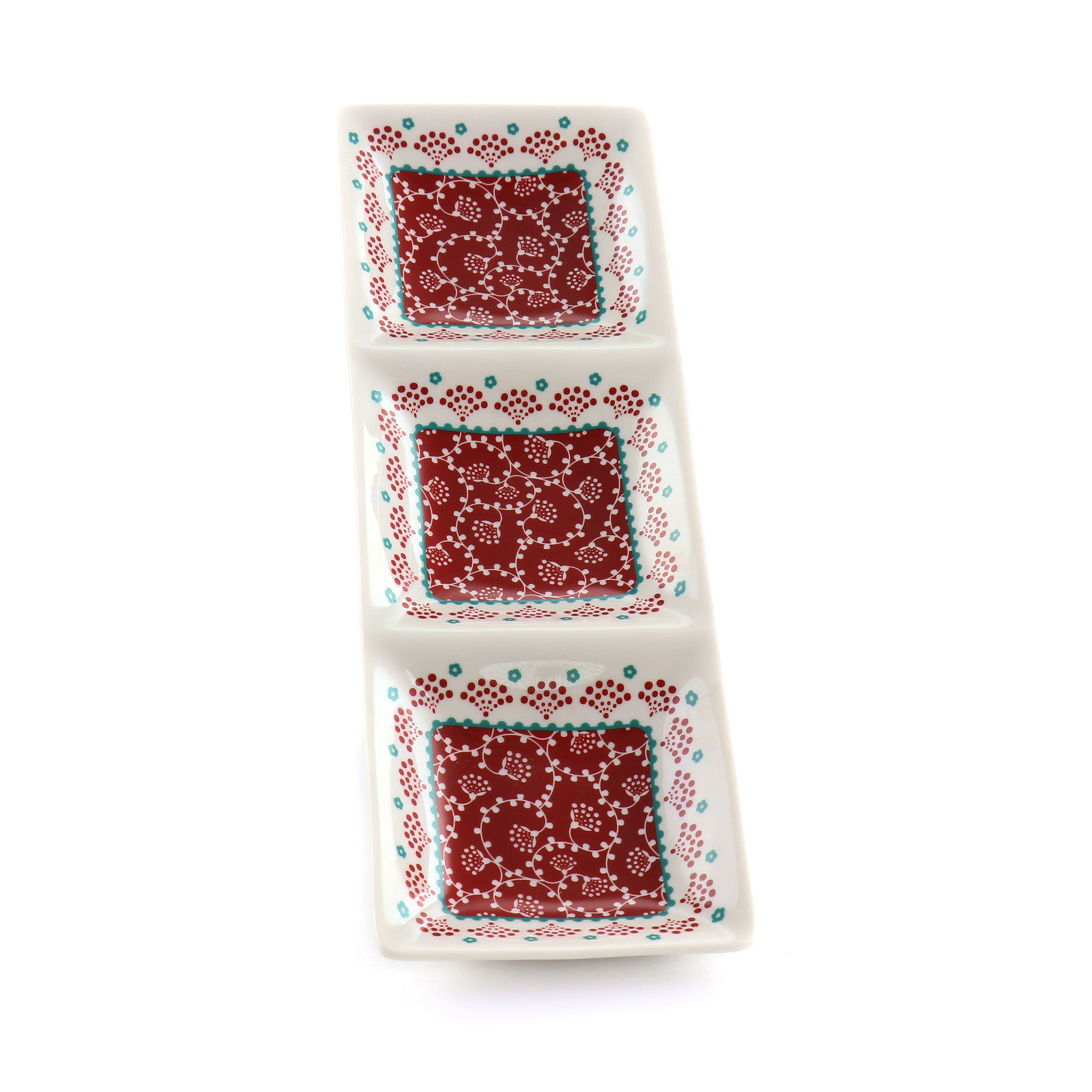 Gibson Home Village Vines 13.5 Inch Ceramic Rectangular 3 Section Tray in Red