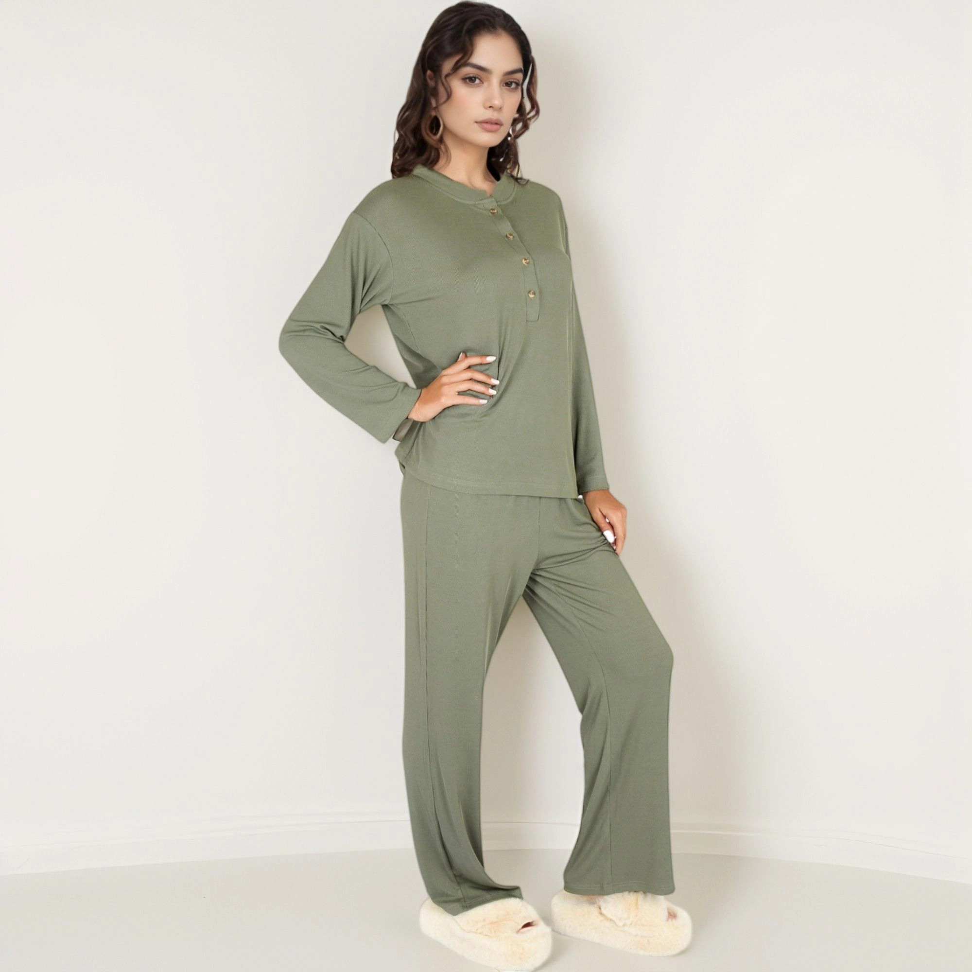 Anna-Kaci Women's Henley Pajama Set with Long Sleeve Button Front Top Relaxed Fit and Full-Length Stretch Lounge Pants