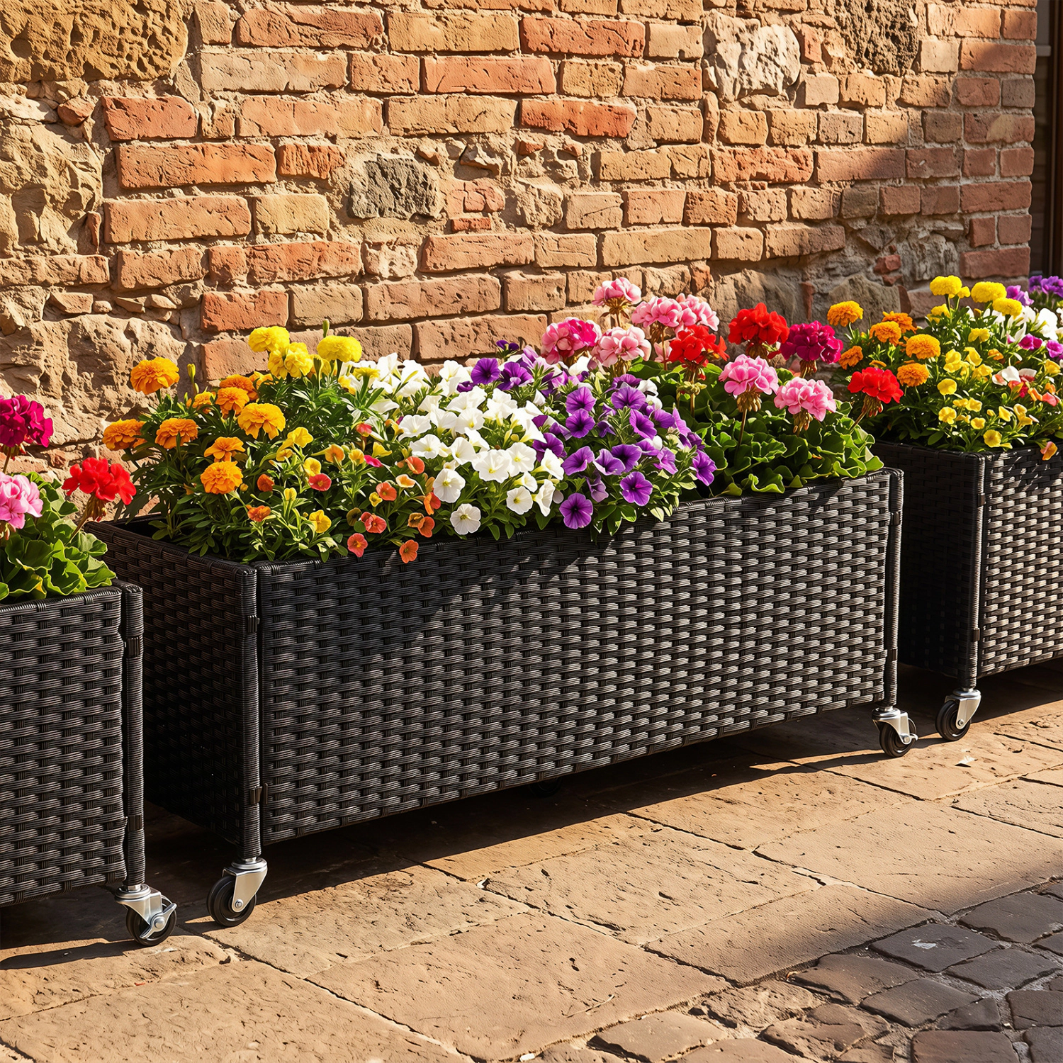 LJG Raised Garden Bed PE Rattan Wicker Patio Planter Box with Liner and Wheels