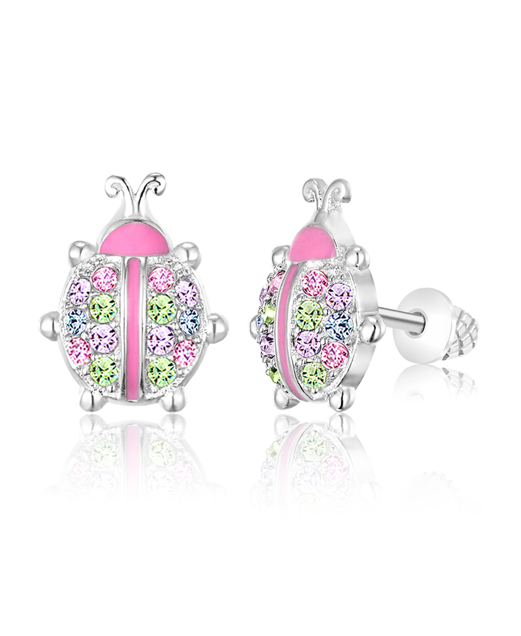 Chanteur Kids Ladybug Crystal Stud Earrings - White Gold Palladium Plating, Screw Back, Surgical Steel Posts