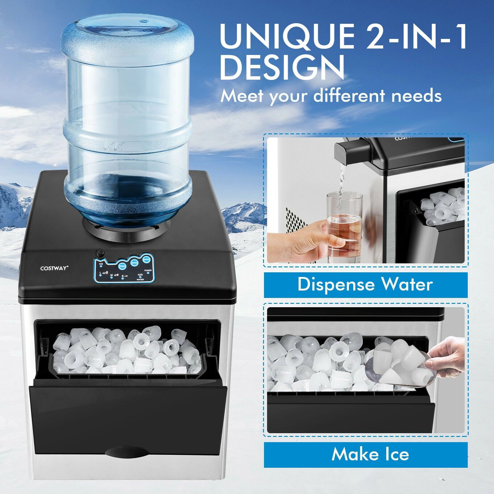 SlickBlue Silver Black Stainless Steel Ice Machine, 48 Lbs Daily