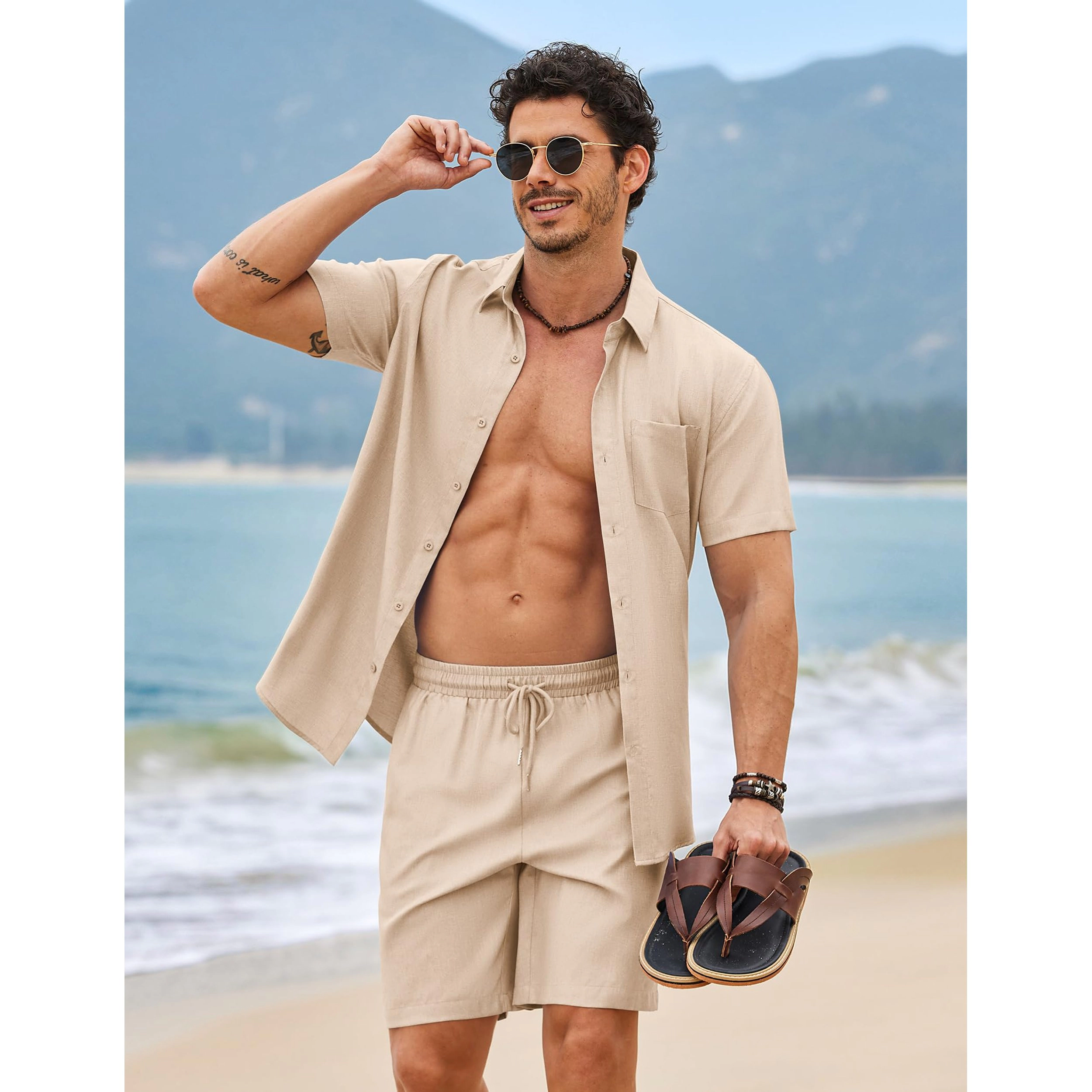 COOFANDY Men's Regular Fit Short Sleeve Button Down Shirt and Shorts Two Piece Set