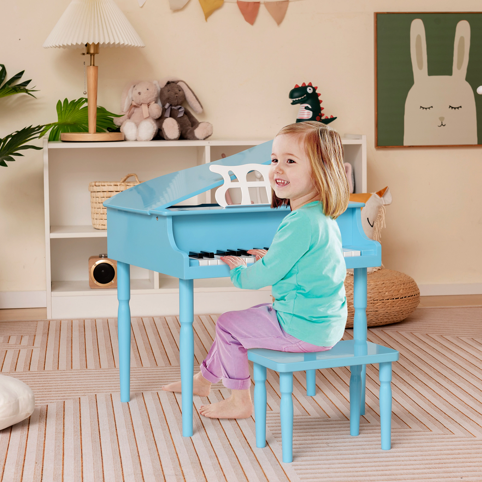 SUGIFT Blue 30-Key Wood Kids Grand Piano with Bench Music Rack Safety Hinges and Straight Leg Structure