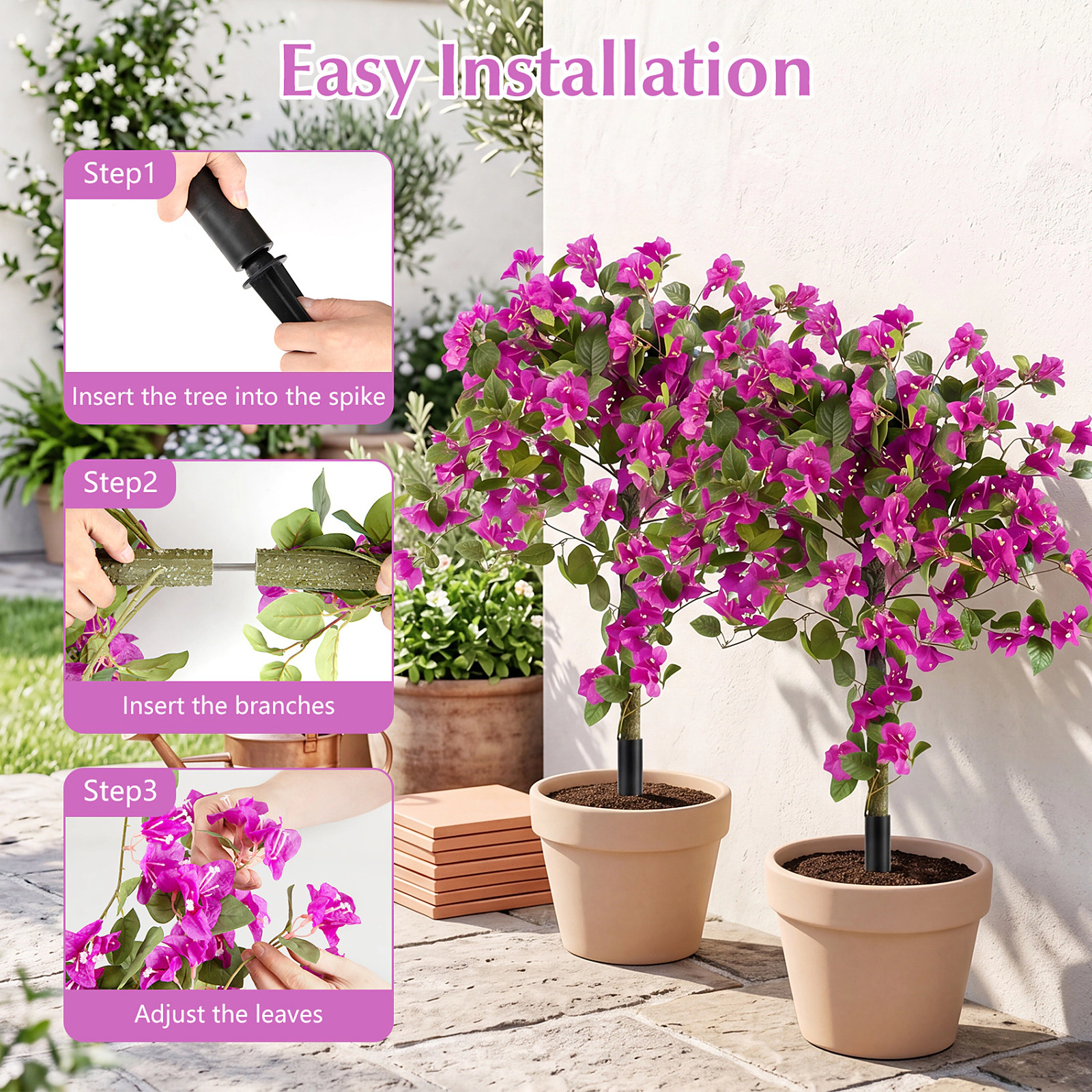 SUGIFT Set of 2 In-Ground PE Trunks Silk Blossoms Artificial Bougainvillea Trees 43.5-in Tall 8-in Spike 3-lb Pink
