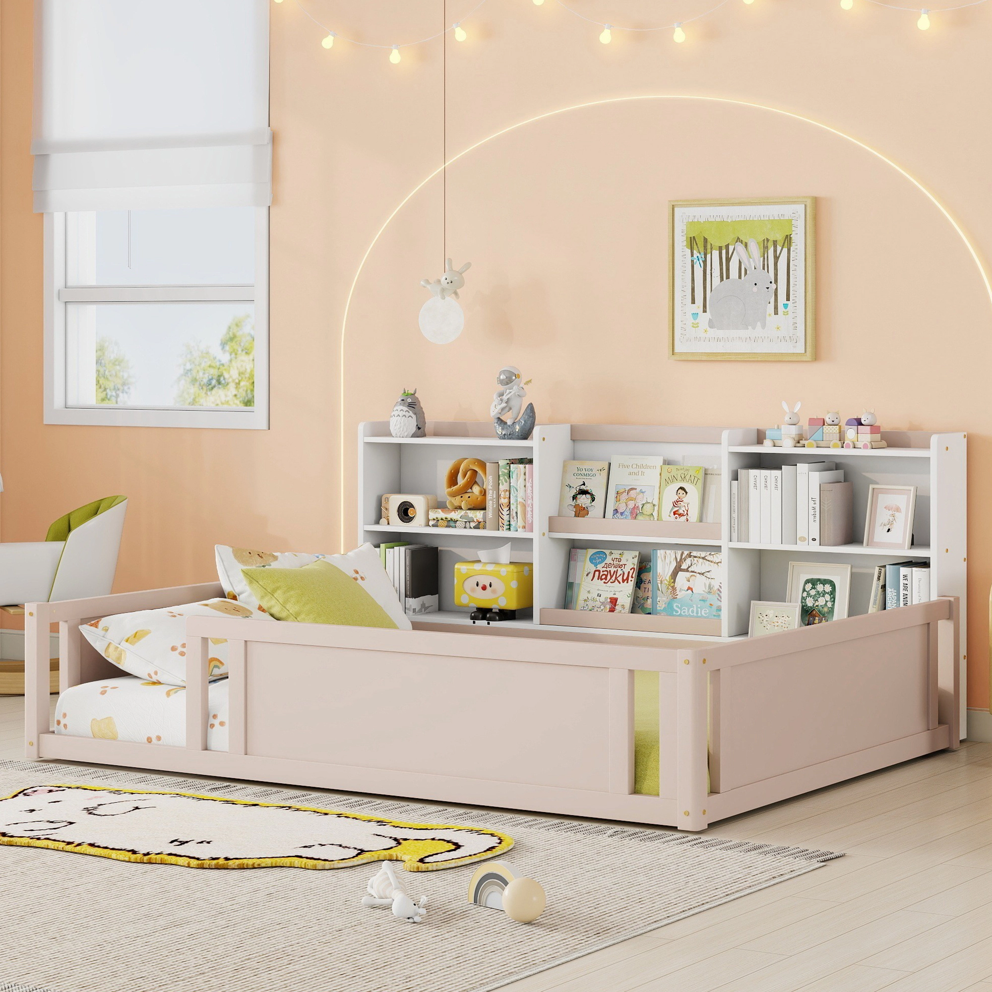 Flynama Full Wooden Floor Bed with Guardrail & Side Shelves, Space-Saving Kids Bed, Nude White