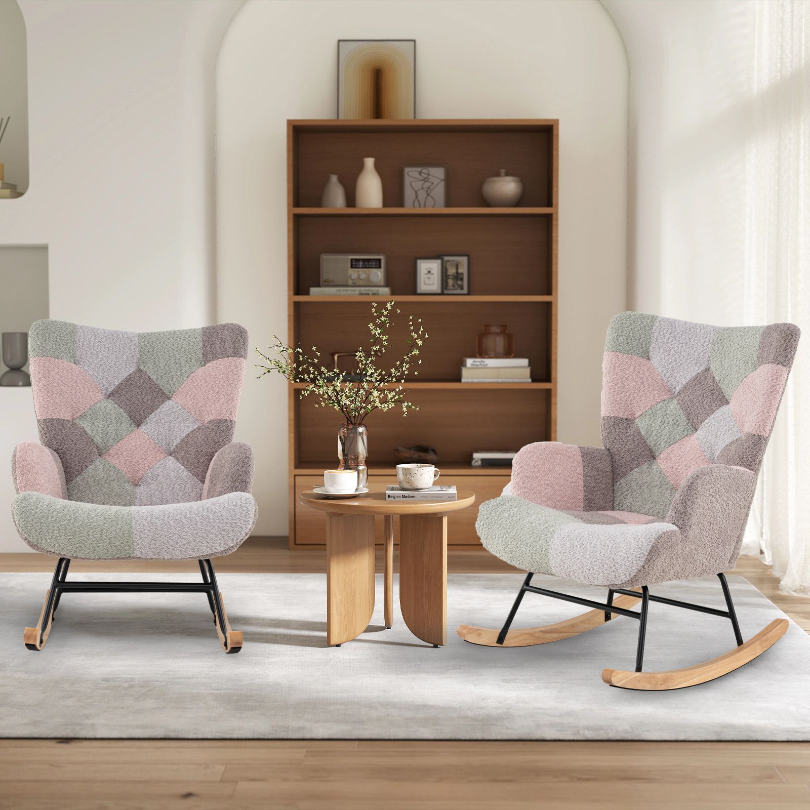 SUGIFT Nursery Rocking Chair Multicolor Boucle with High Backrest and Side Pocket