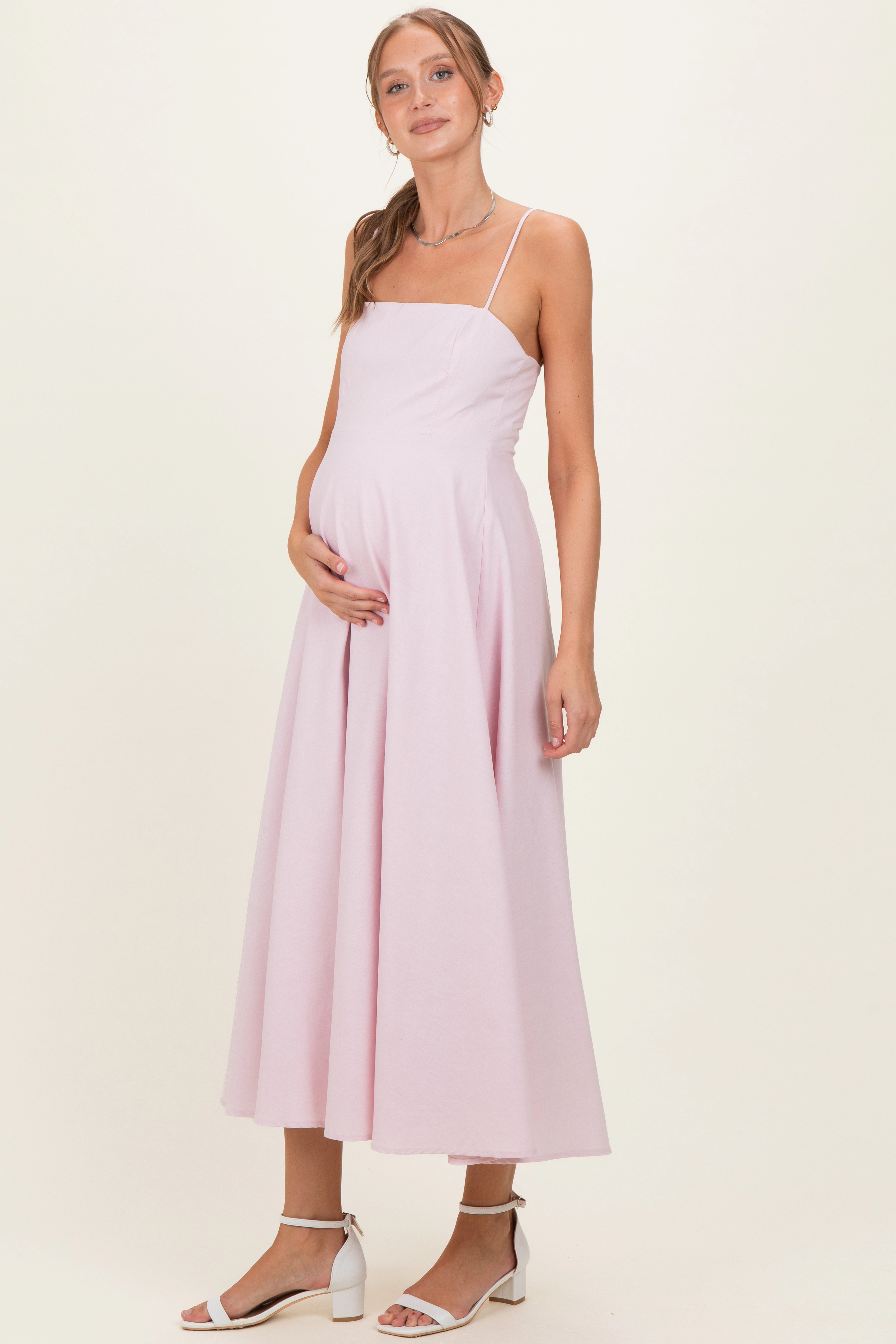PinkBlush Womens Light Pink Linen A-Line Flared Maternity Midi Dress