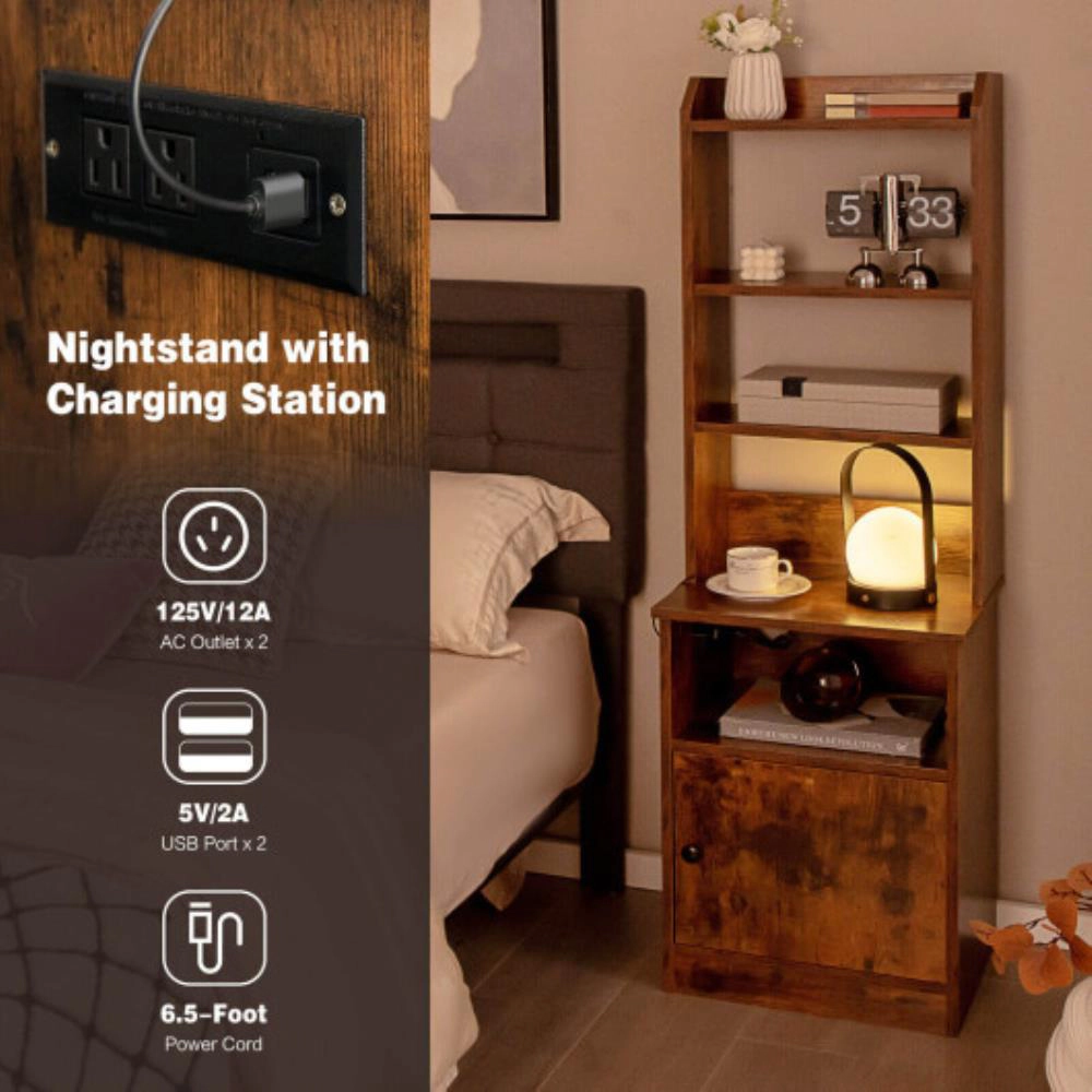 Hivvago 6-Tier Bookshelf with Charging Station and Cabinet