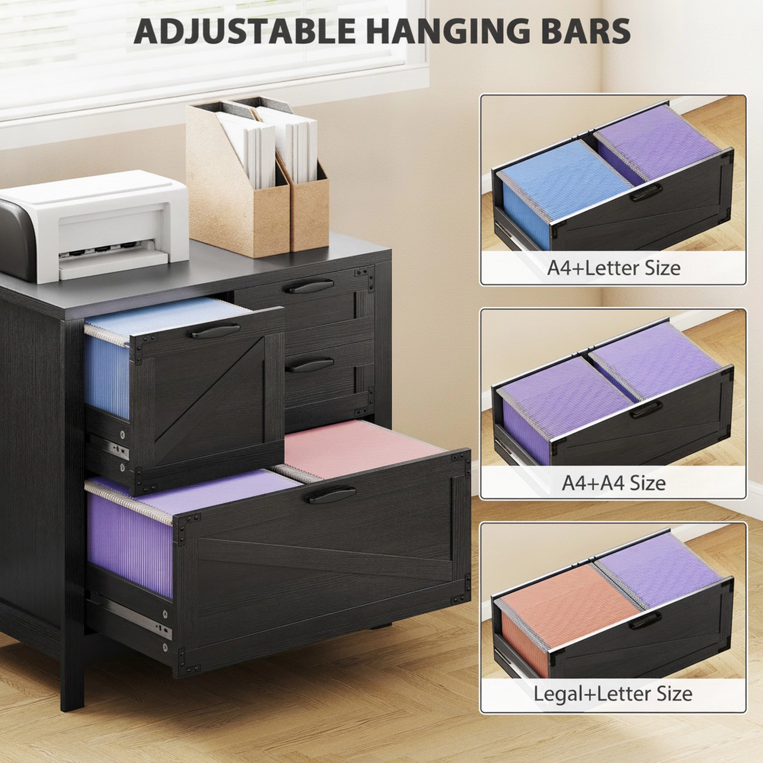HONGGE Lateral Filing Cabinet, Farmhouse File Cabinet with 4 Drawers, Fit Letter/A4/Legal Hanging Files