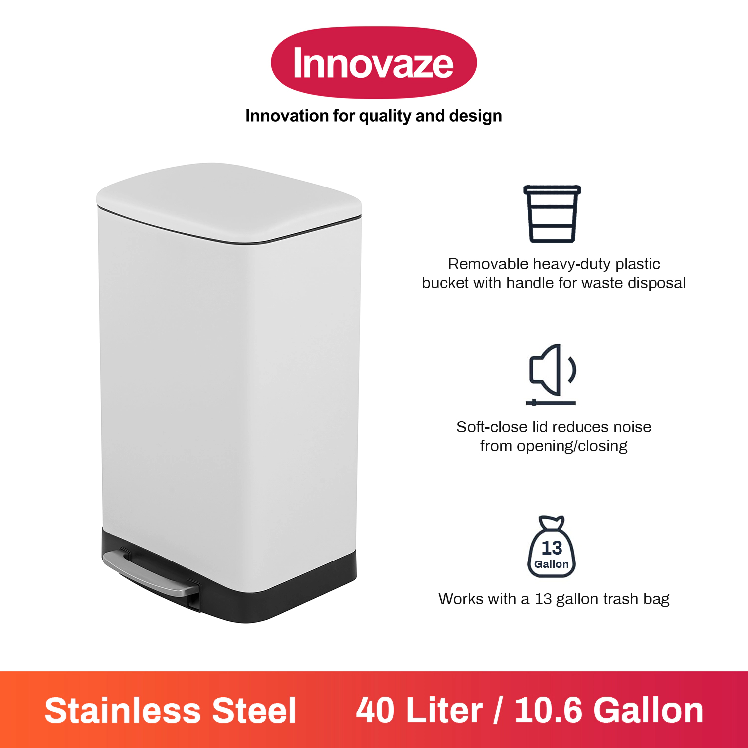 Innovaze 10.6 Gal./40 Liter Stainless Steel Rectangular Step-on Trash Can for Kitchen