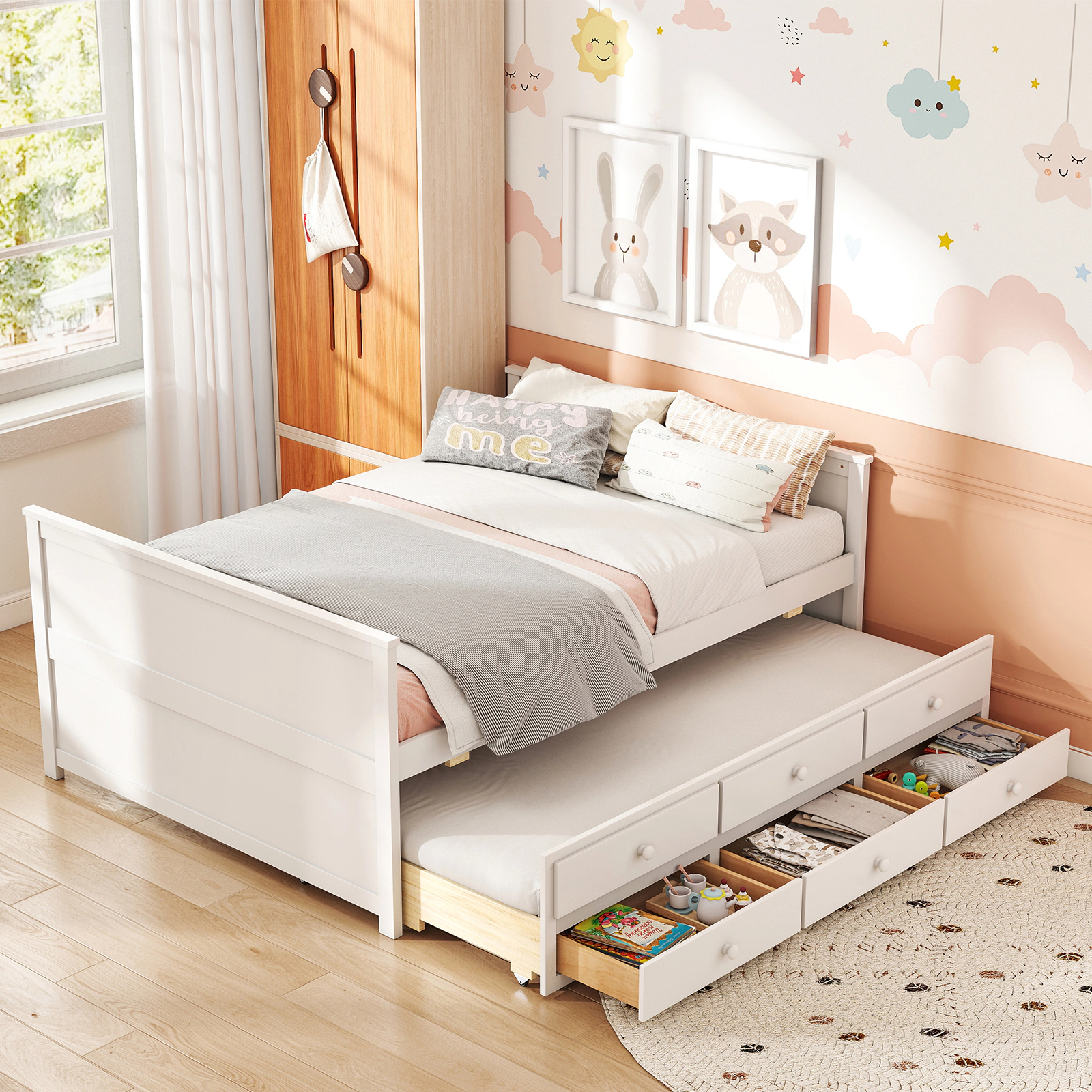SUGIFT White Twin Trundle and 3 Storage Drawers Full Size Teens Bed Frame