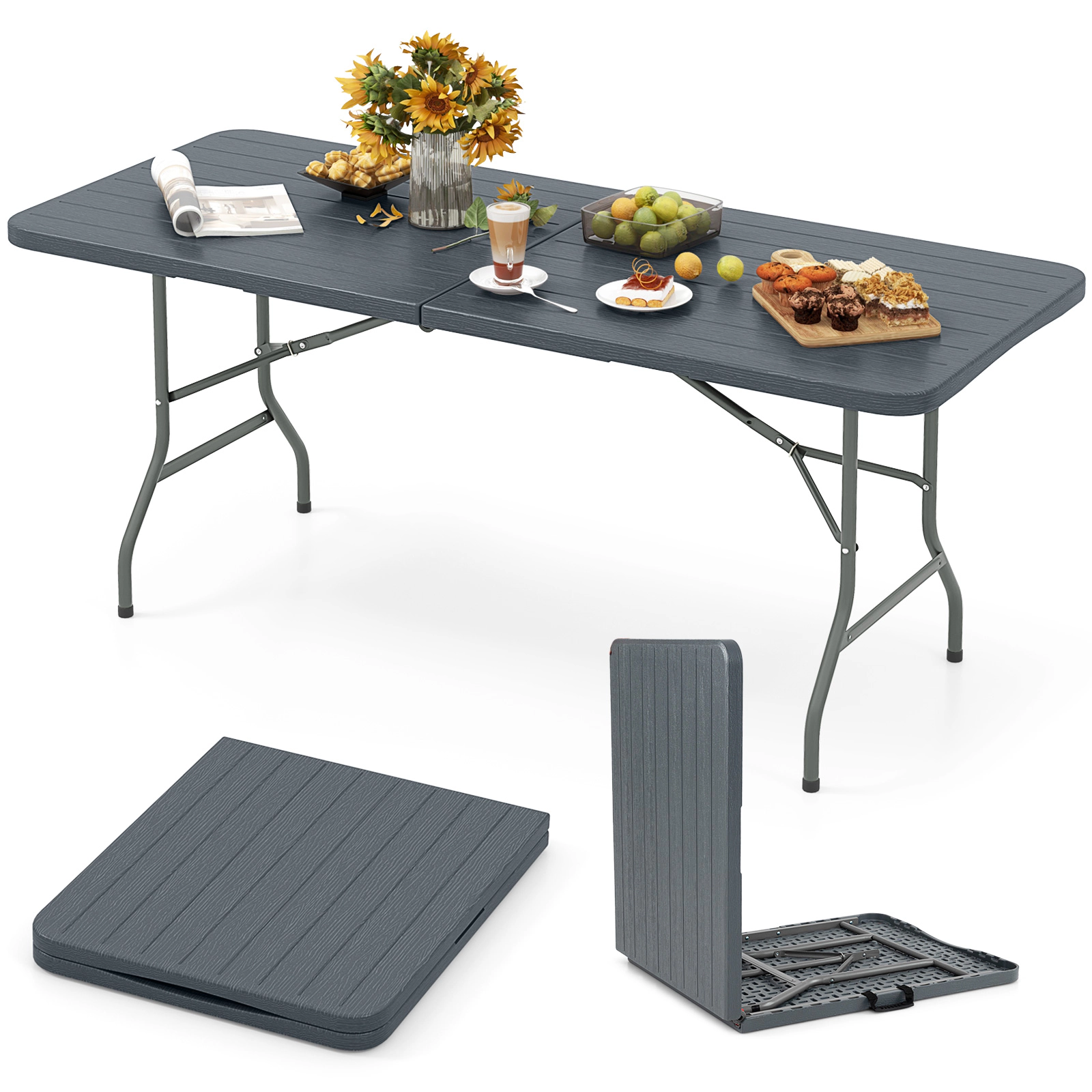 SUGIFT 6-Ft Wood Grain HDPE Folding Table with Safe Lock Mechanism 350-lb Capacity 71 x 29 x 29.5 in Brown/Gray