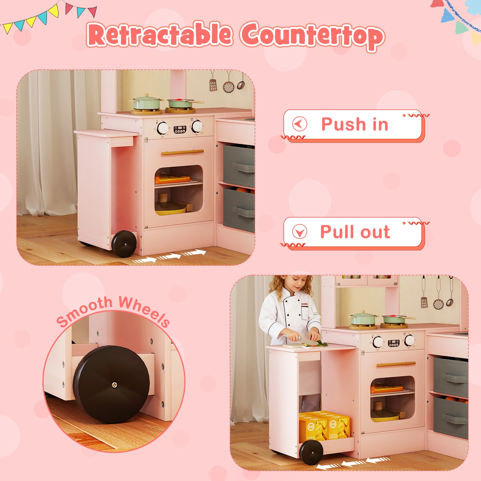 SUGIFT Kids Pink Corner Wooden Play Kitchen with Lights Sounds and Ice Maker 39.5-in W 40-in H Ages 3+