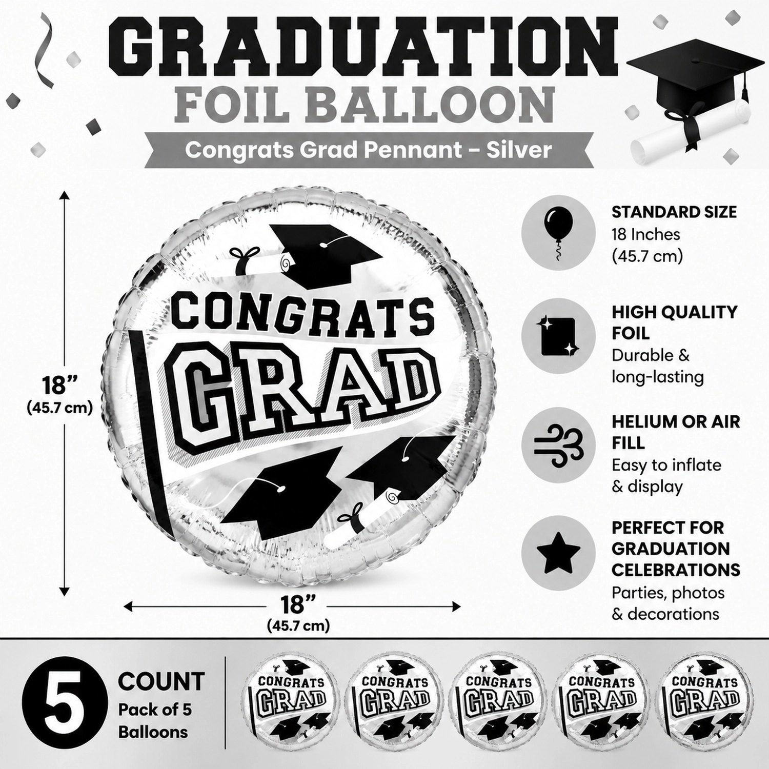 LoonBalloon Graduation School Color Pennant Foil Balloons - 5 Pack
