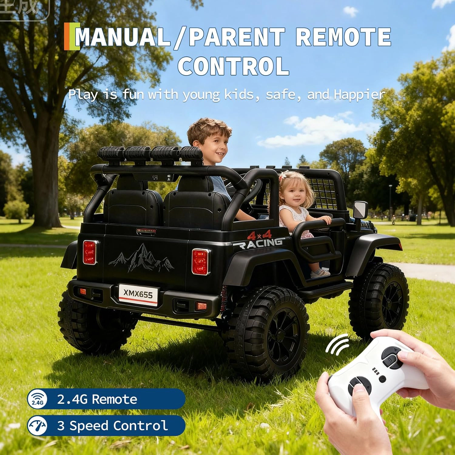 24V 2-Seater Kids Ride On Truck, Electric Car w/ Remote, 4WD, LED Lights, Music, 7Ah Battery & 2 Speeds