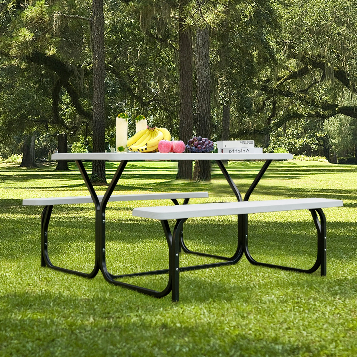 SUGIFT 54-In White Polyethylene Picnic Table with Attached Benches, 6 Seats