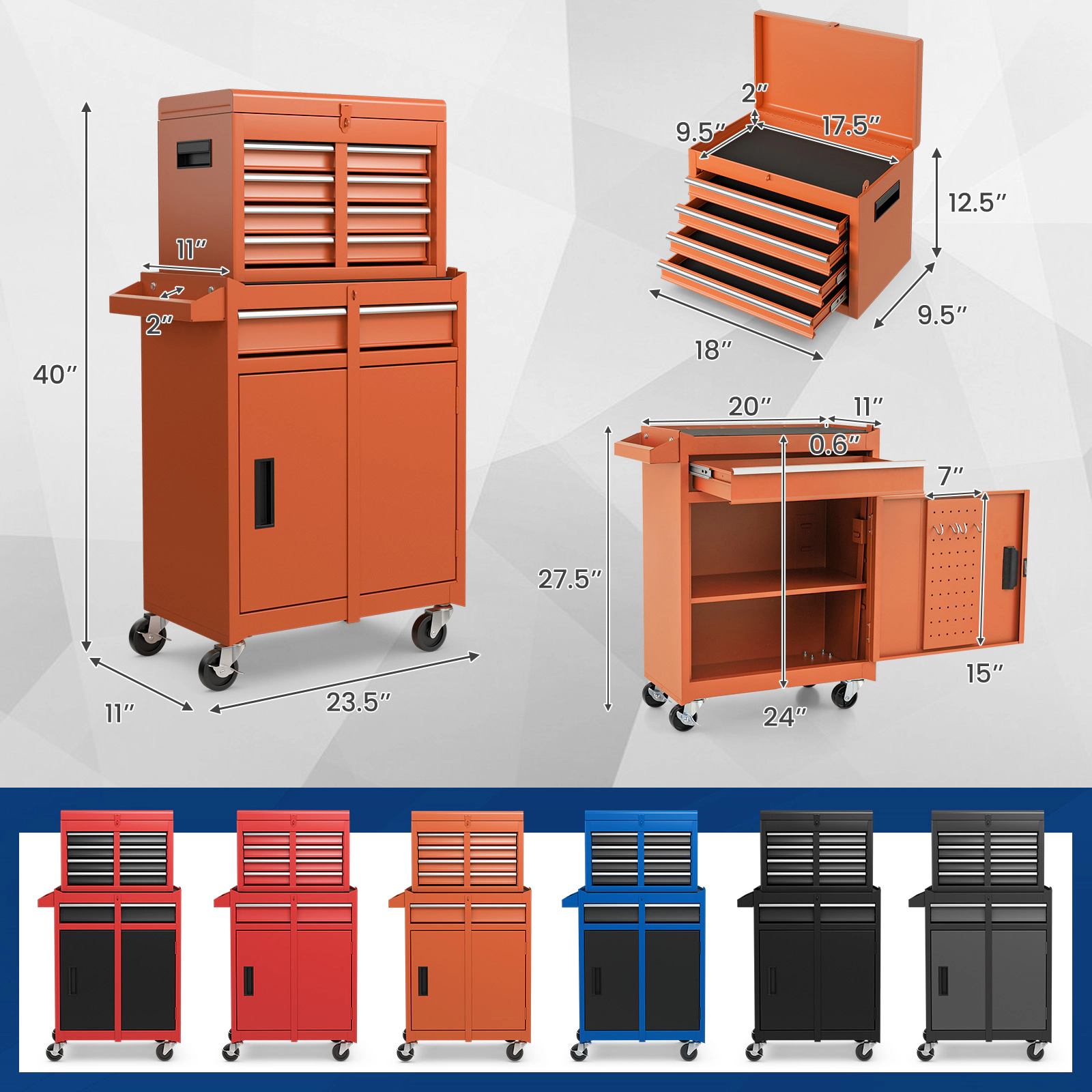SUGIFT 2-in-1 Steel Tool Chest and Cabinet with 5 Sliding Lockable Drawers 220.5-lb Capacity 23 x 11 x 40.5 in Orange