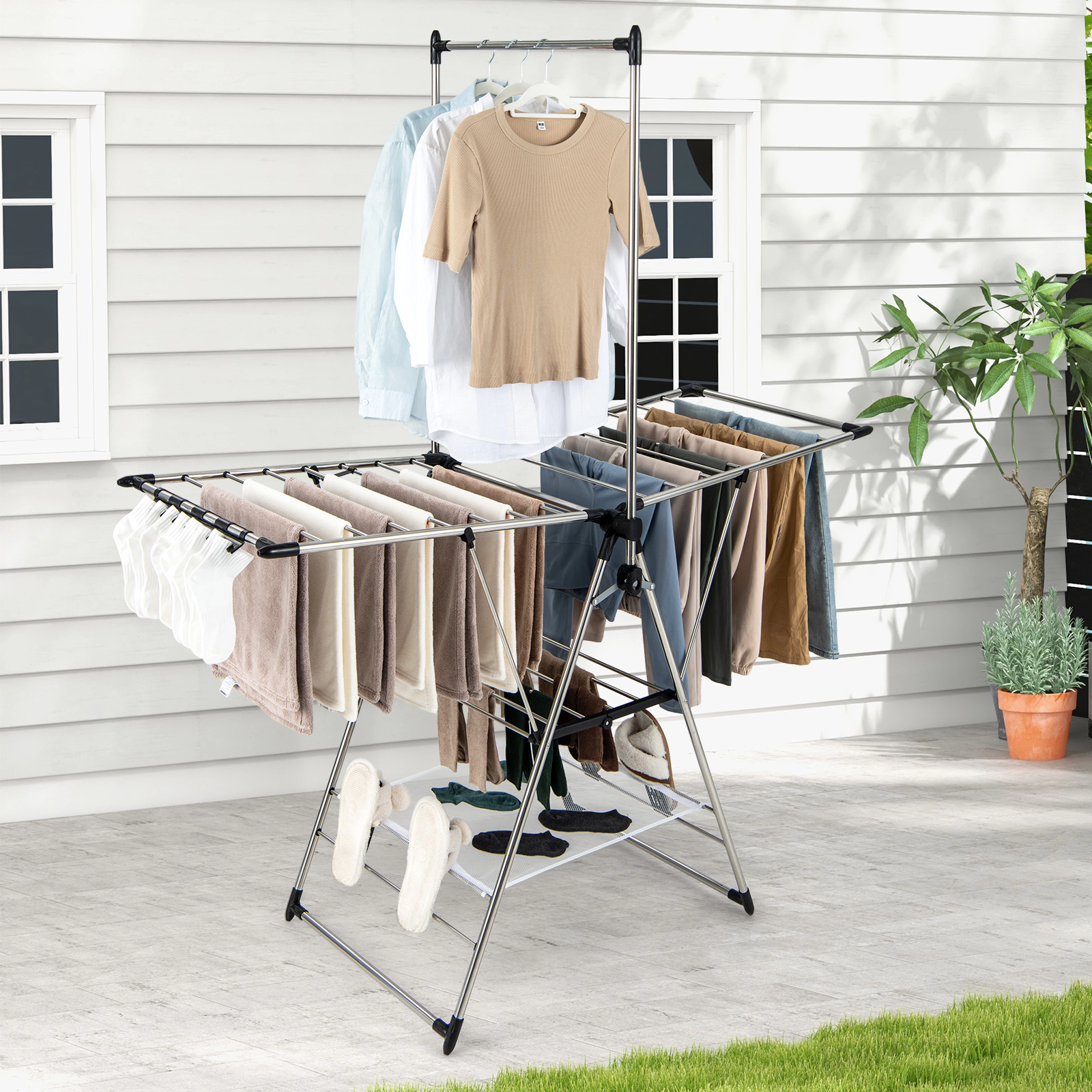 SUGIFT Silver 80-lb Capacity Stainless Steel Clothes Drying Rack with 6-Level Height and Top Hanger Bar