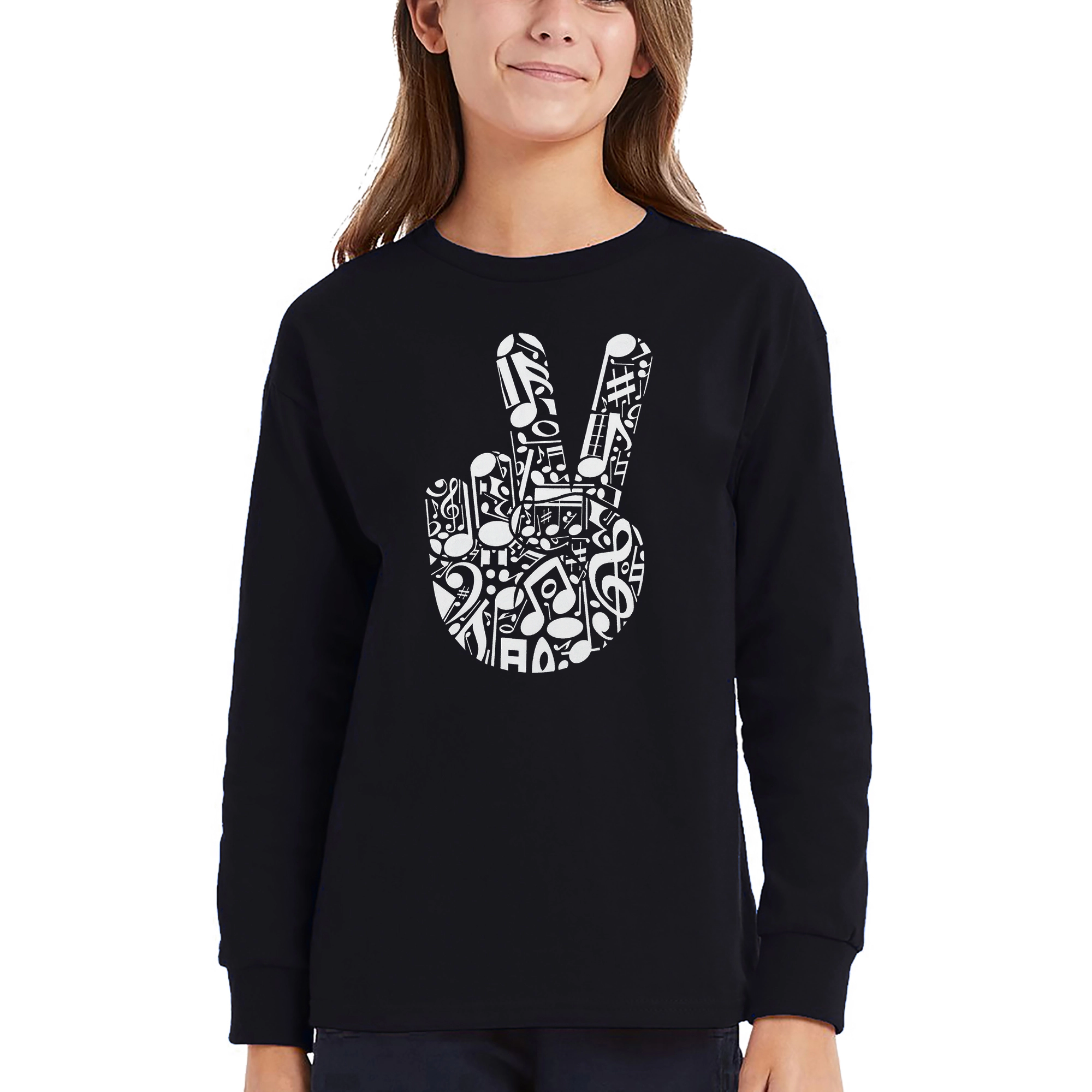 LA Pop Art Girls Long Sleeve Word T-Shirt - Peace Finger Notes