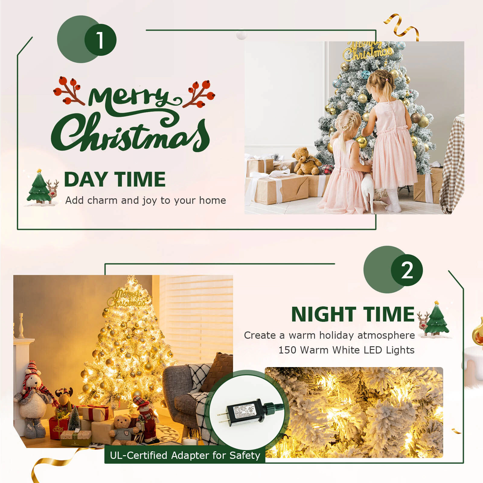 SUGIFT 4.5 ft Pre-Lit Snow Flocked Christmas Tree with 295 Branch Tips and 150 LED Lights