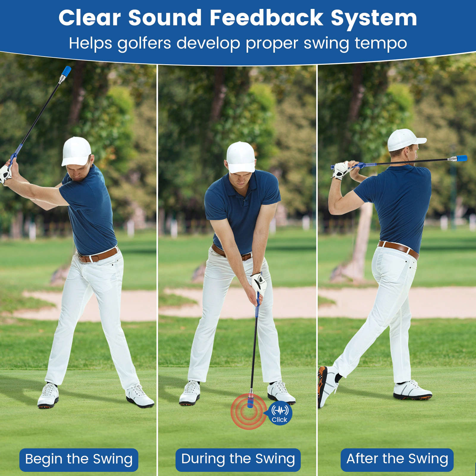 Golf Swing Speed Trainer Click Stick Weighted Metal Head Fiberglass Shaft Foam Cover for Tempo Right Handed Blue