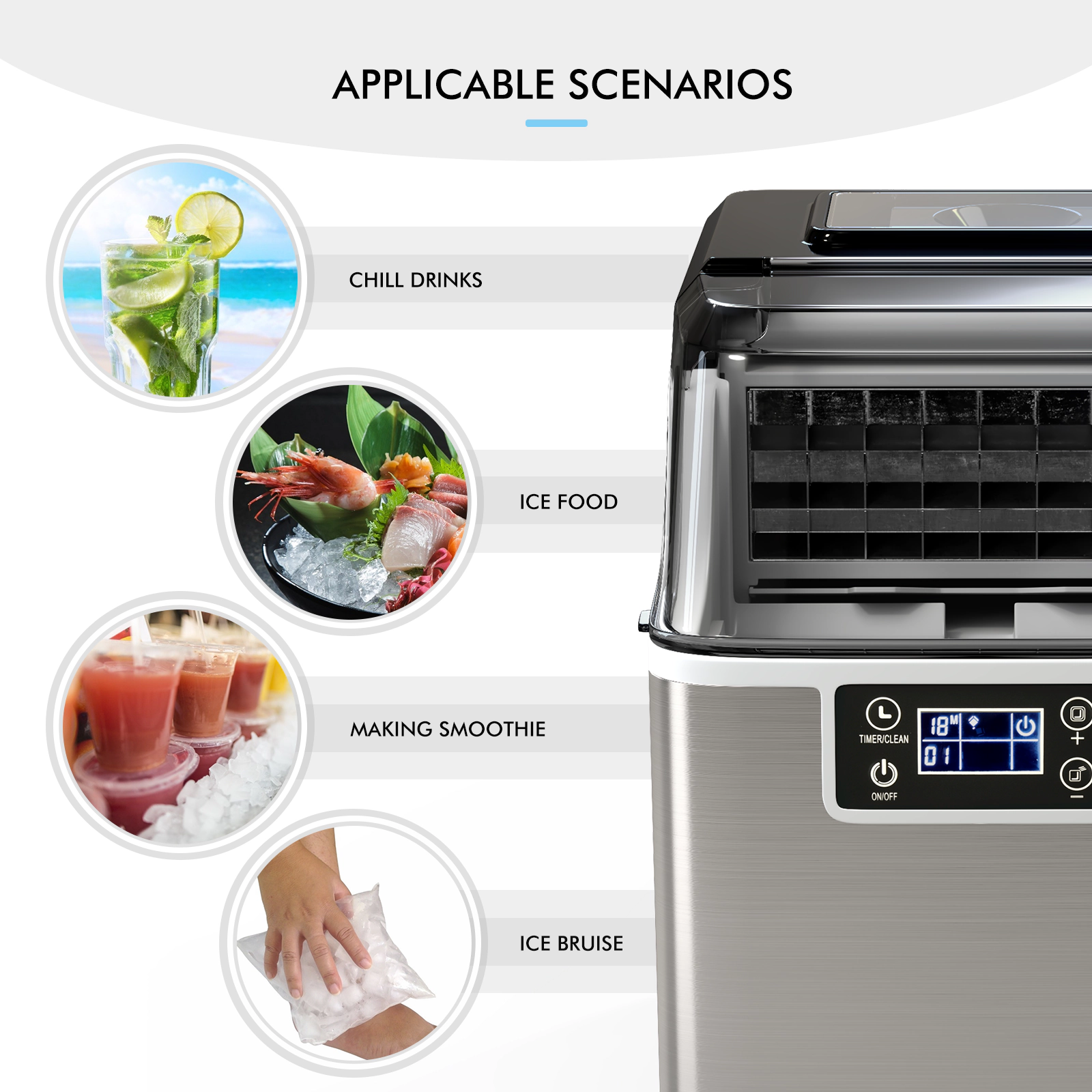 SUGIFT Silver Electric Countertop Ice Maker with LCD Panel 40-lb Daily Output and 8-Hour Delay Timer