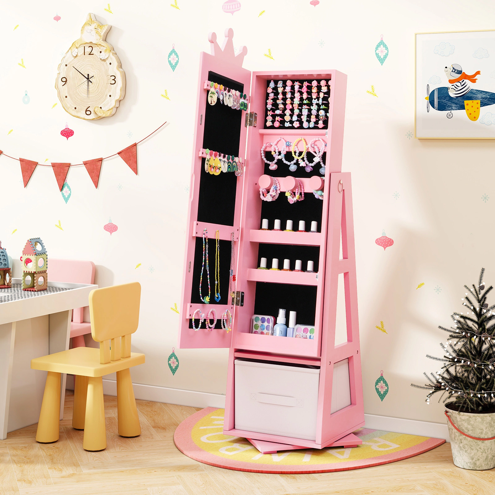 SUGIFT Full-Length Mirror Kids Jewelry Armoire Cabinet Vanity with Swivel Base 46-in Tall Pink and White