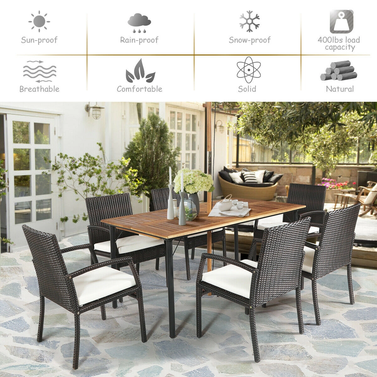 LJG 7PCS Patio Rattan Cushioned Dining Set with Umbrella Hole